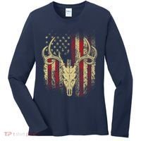 Bucks Antlers and Skull on an American Flag Deer Hunters Women's Long Sleeve Shirt thumb 0