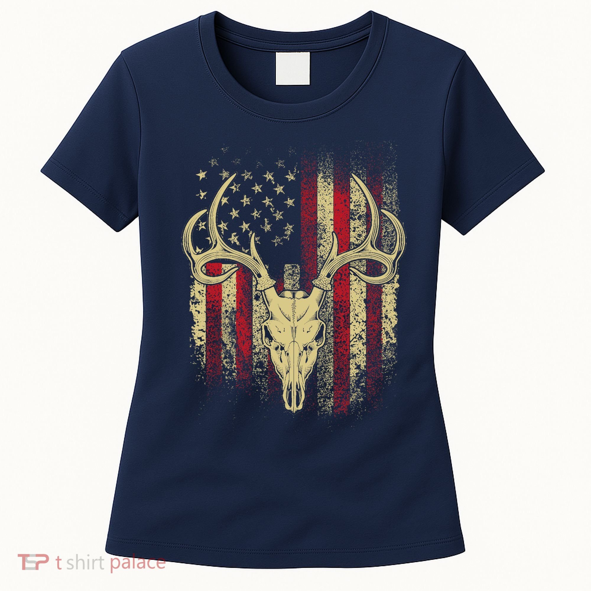 Bucks Antlers and Skull on an American Flag Deer Hunters Women's T-Shirt