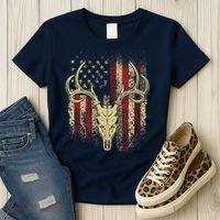 Bucks Antlers and Skull on an American Flag Deer Hunters Women's T-Shirt thumb 3