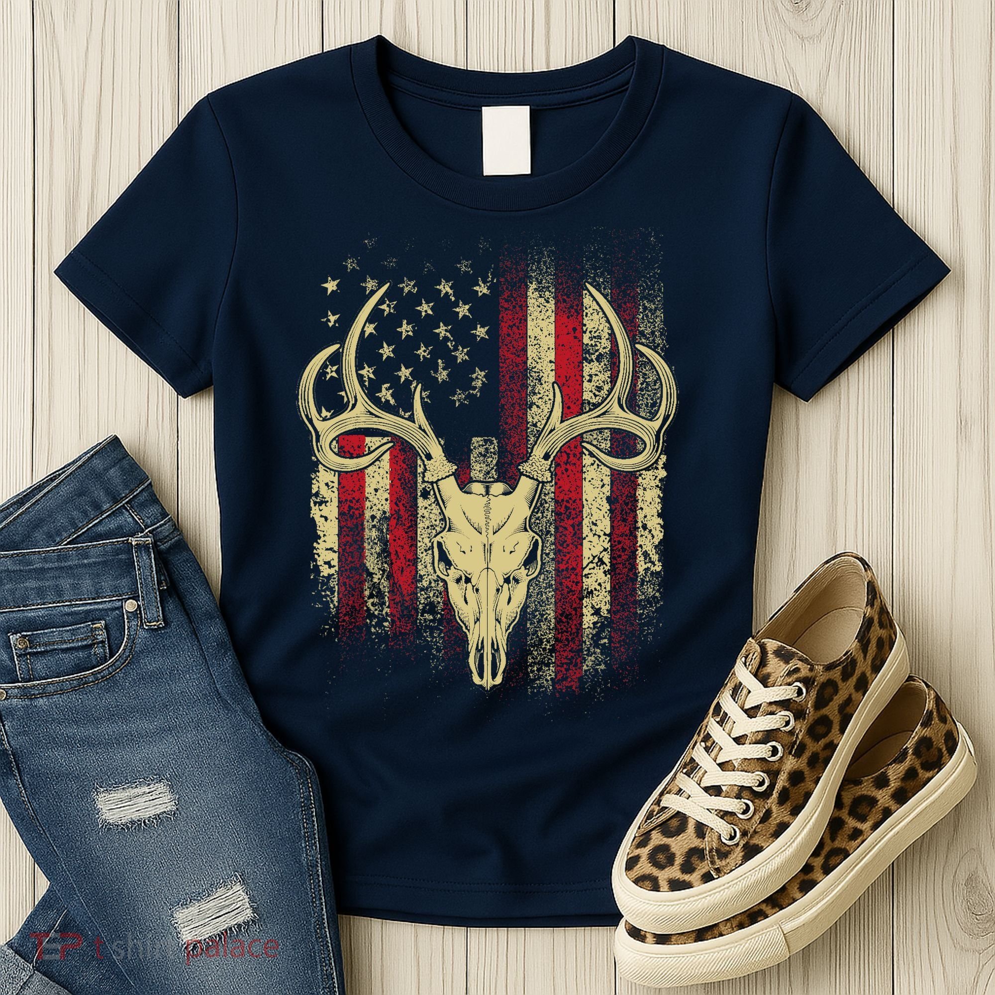 Bucks Antlers and Skull on an American Flag Deer Hunters Women's T-Shirt