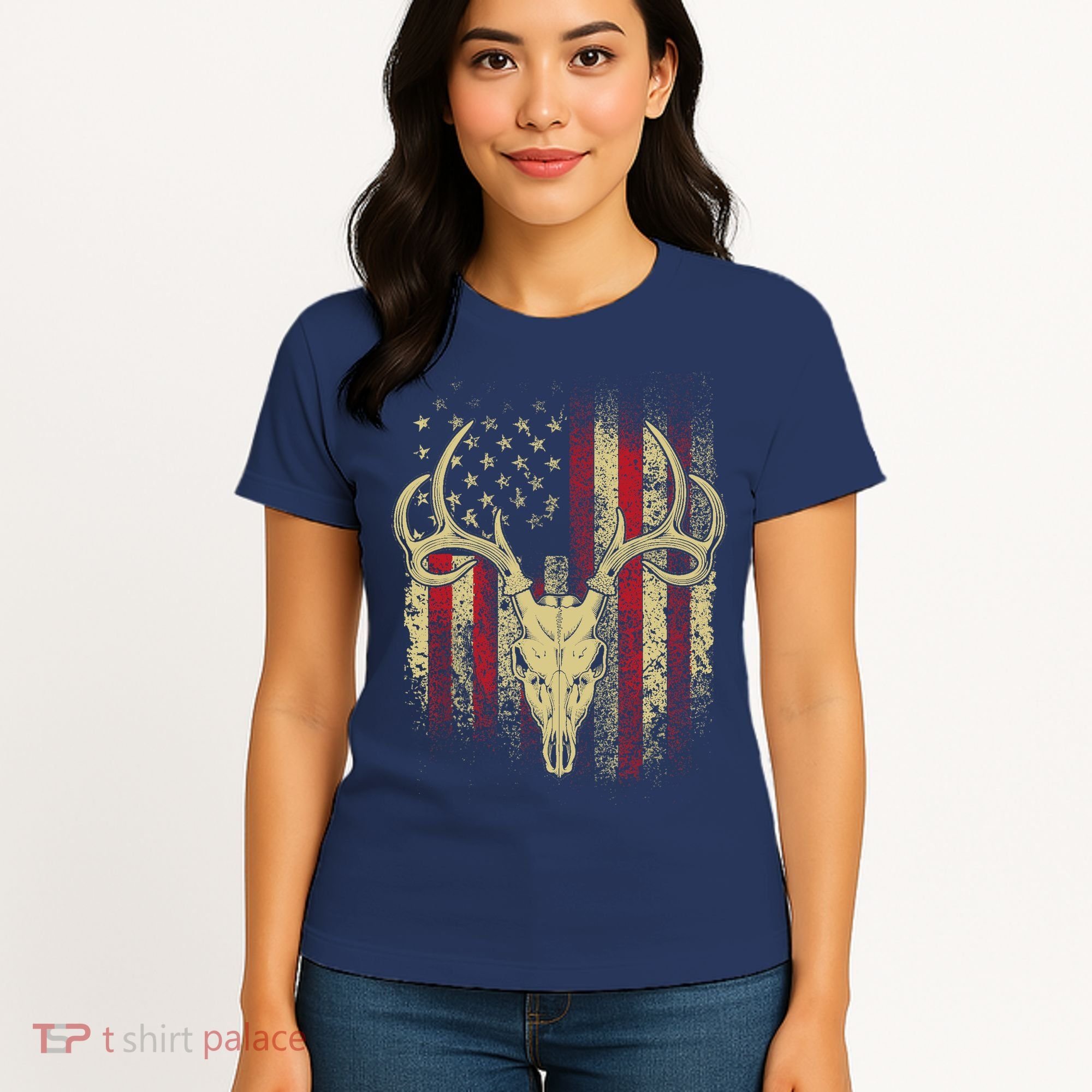 Bucks Antlers and Skull on an American Flag Deer Hunters Women's T-Shirt