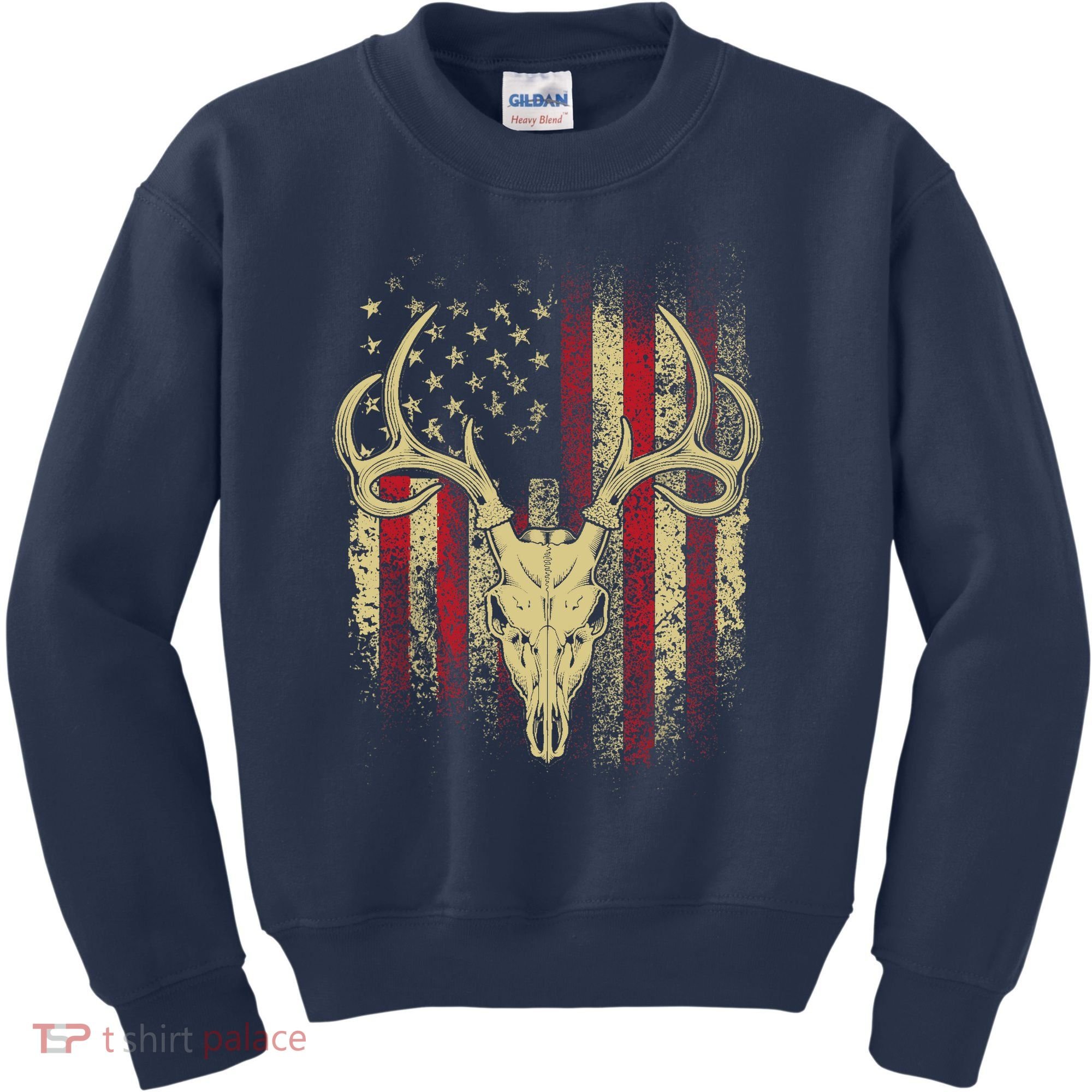 Bucks Antlers and Skull on an American Flag Deer Hunters Kids Sweatshirt