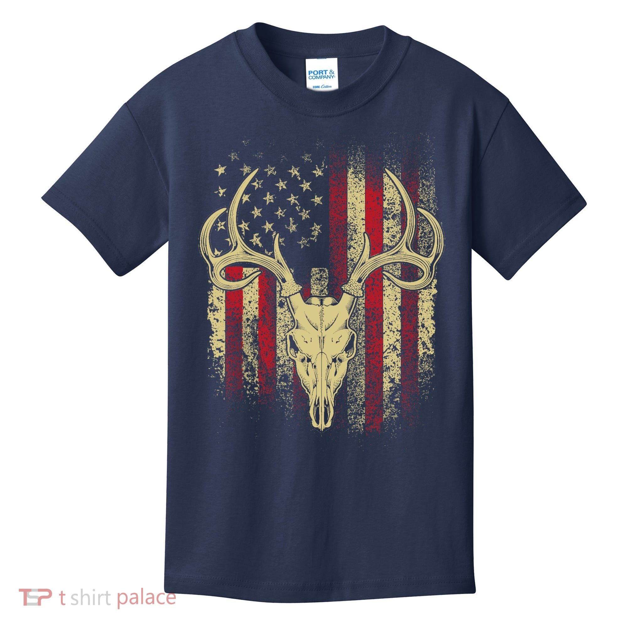 Bucks Antlers and Skull on an American Flag Deer Hunters Kids T-Shirt