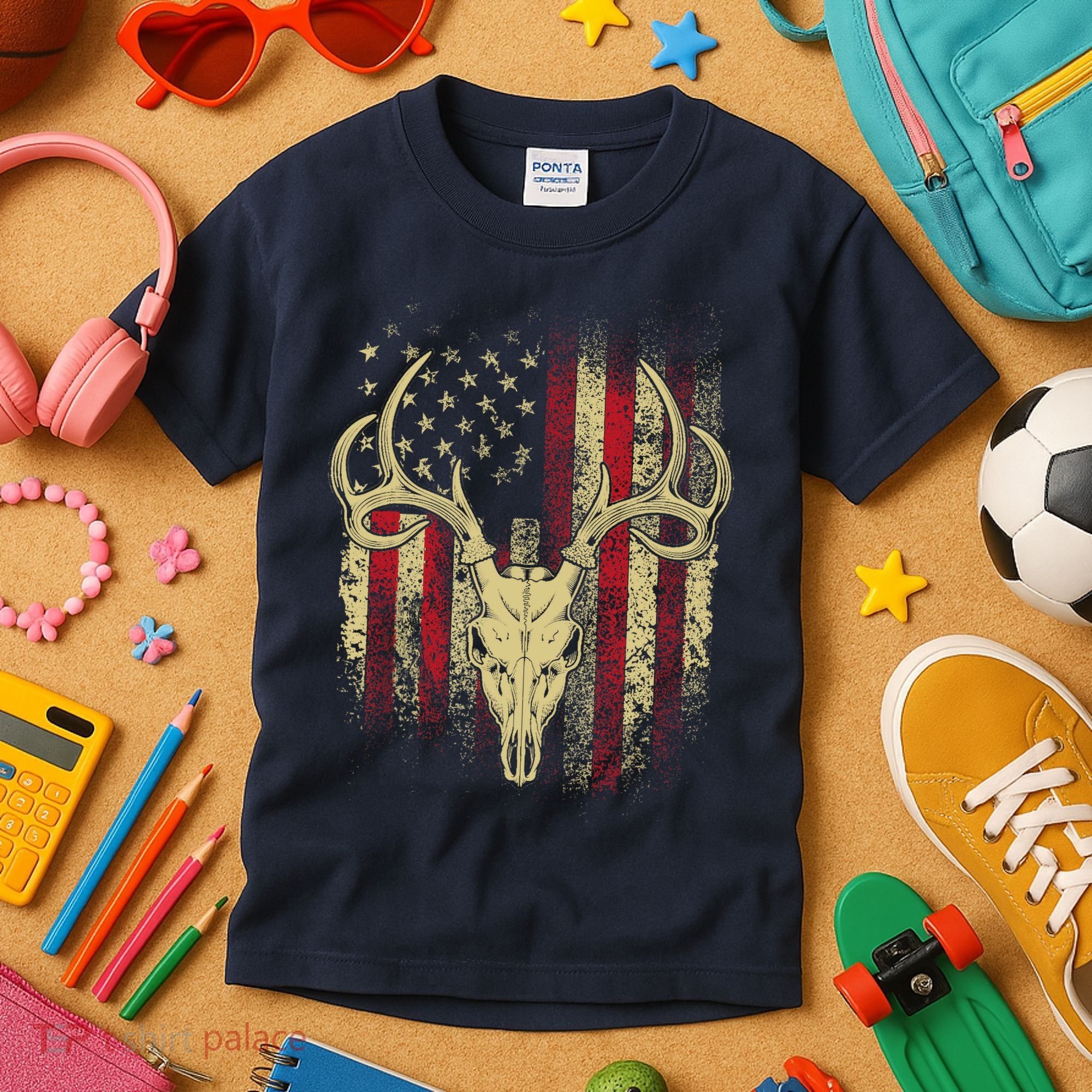 Bucks Antlers and Skull on an American Flag Deer Hunters Kids T-Shirt