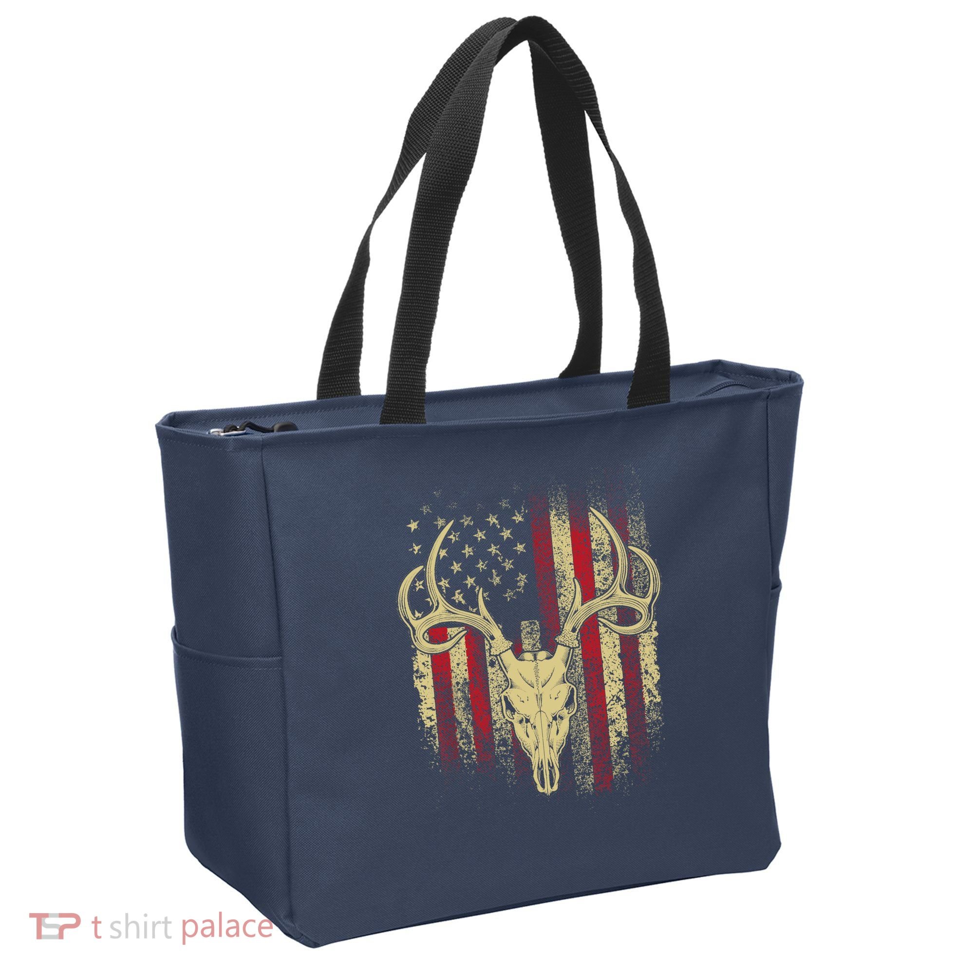 Bucks Antlers and Skull on an American Flag Deer Hunters Tote Bag