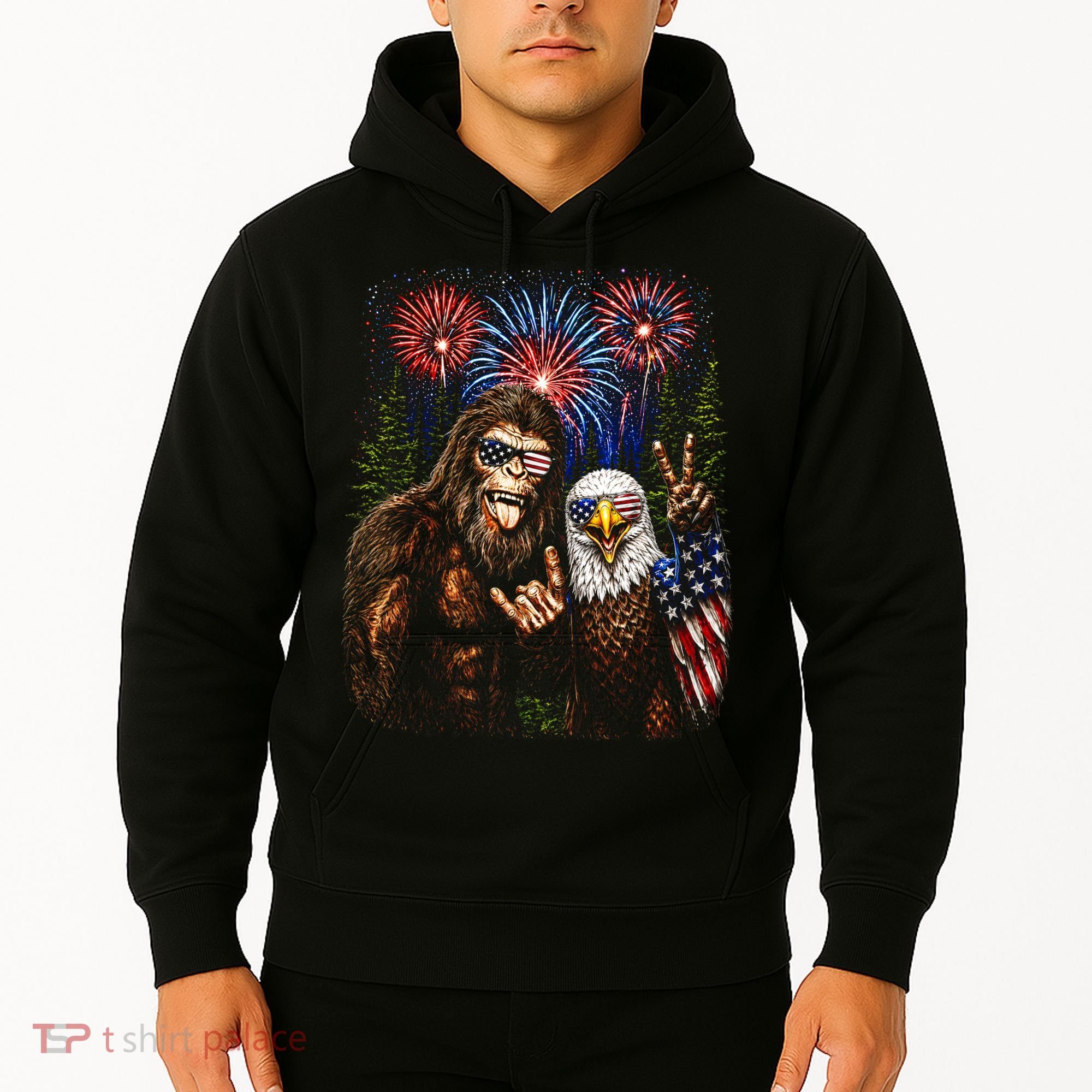 Bigfoot And Bald Eagle Fireworks Celebration Hoodie