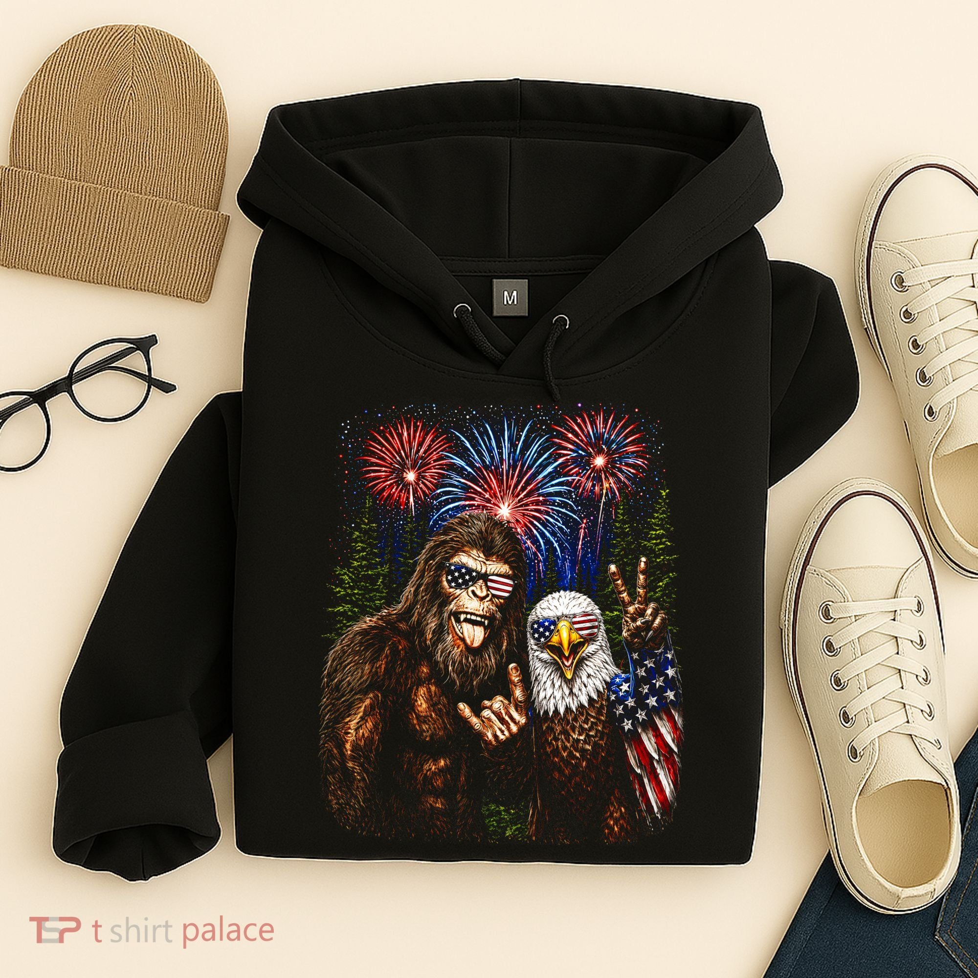 Bigfoot And Bald Eagle Fireworks Celebration Hoodie