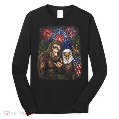 Bigfoot And Bald Eagle Fireworks Celebration Long Sleeve Shirt