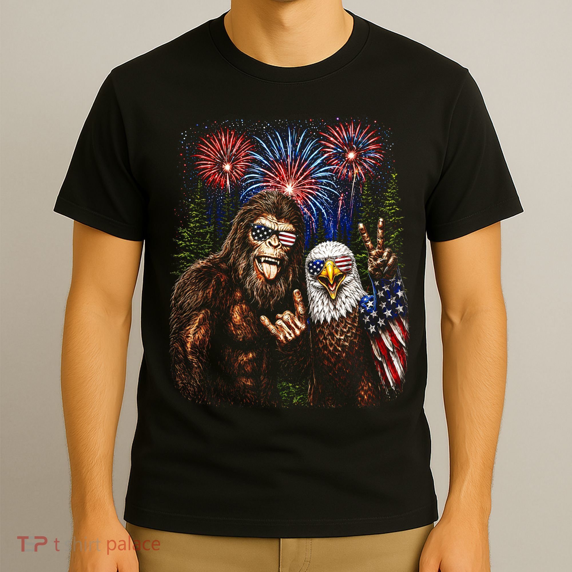 Bigfoot And Bald Eagle Fireworks Celebration T-Shirt