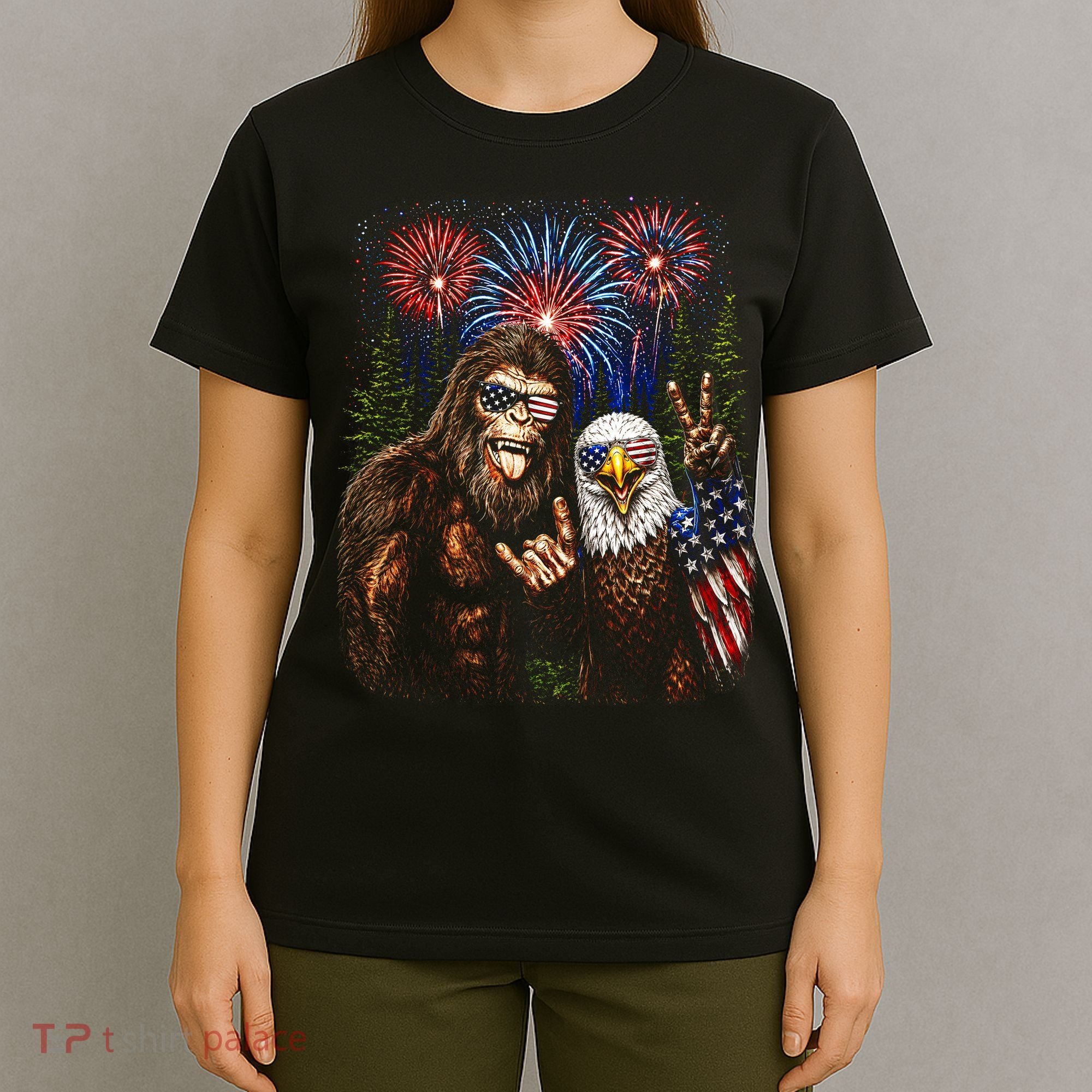 Bigfoot And Bald Eagle Fireworks Celebration T-Shirt