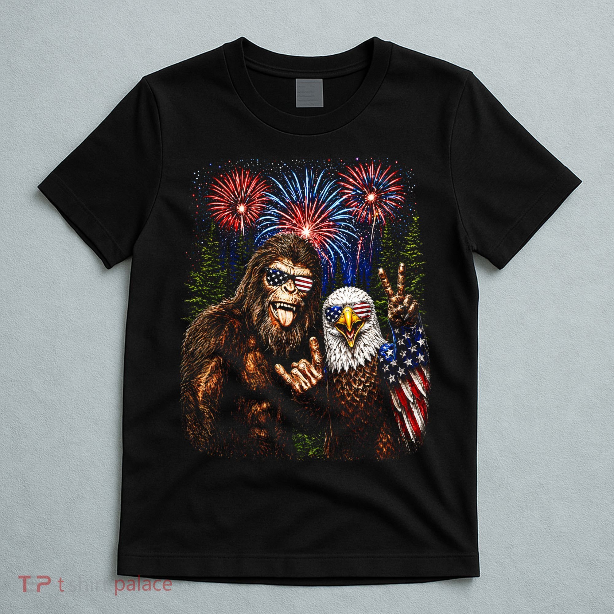 Bigfoot And Bald Eagle Fireworks Celebration T-Shirt