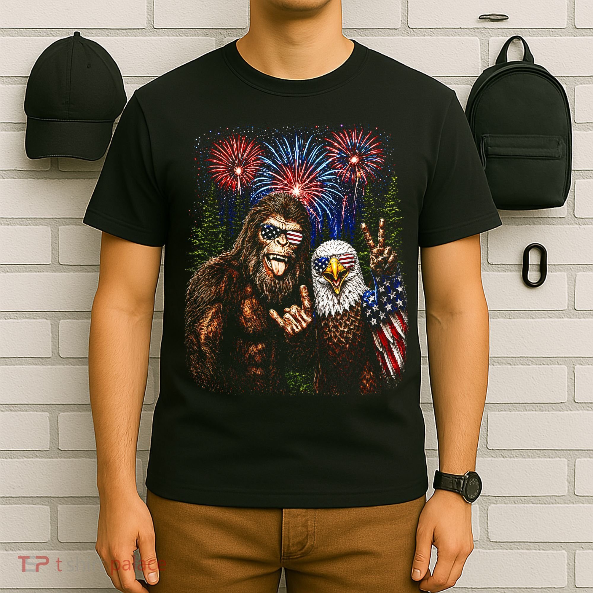 Bigfoot And Bald Eagle Fireworks Celebration T-Shirt