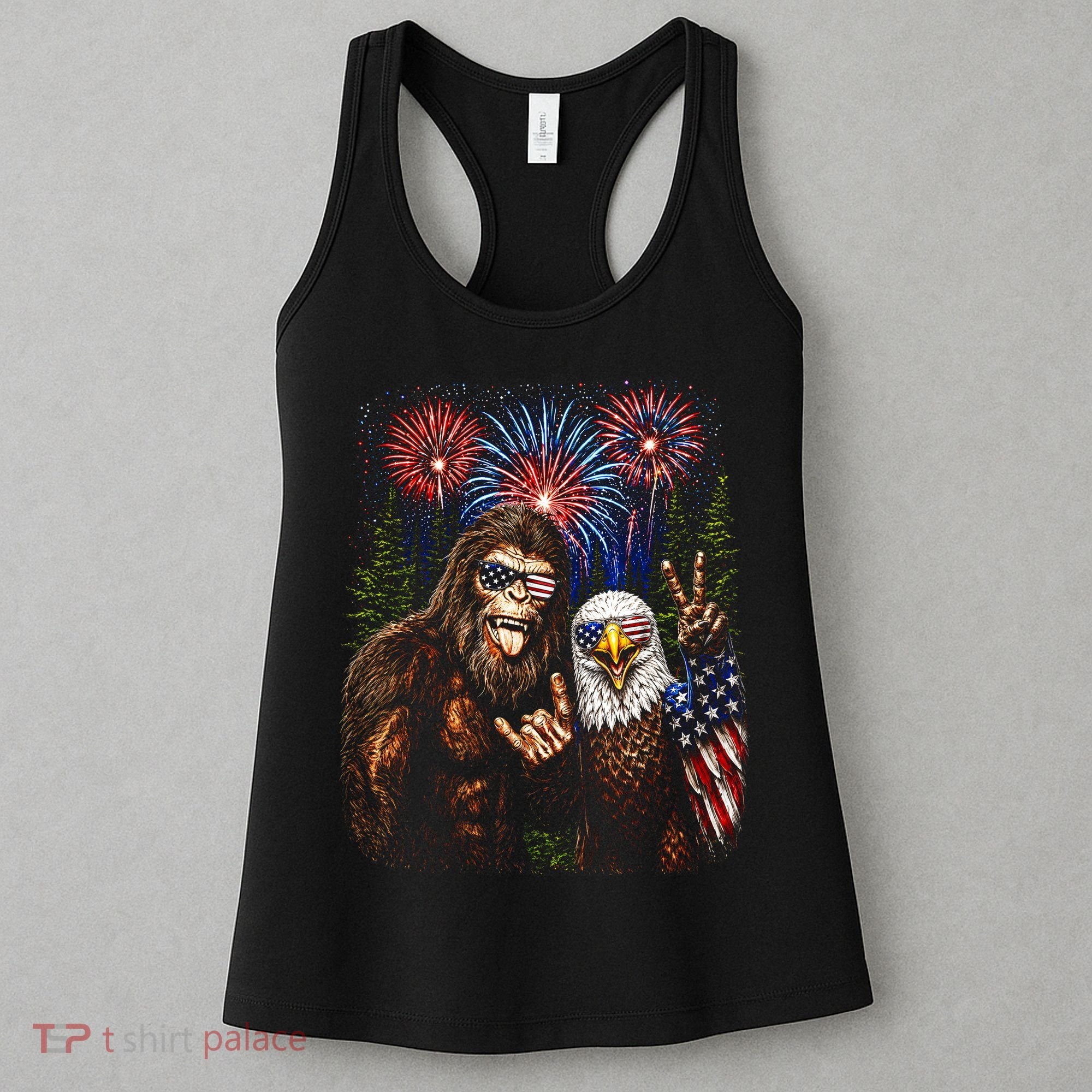 Bigfoot And Bald Eagle Fireworks Celebration Women's Tank Top