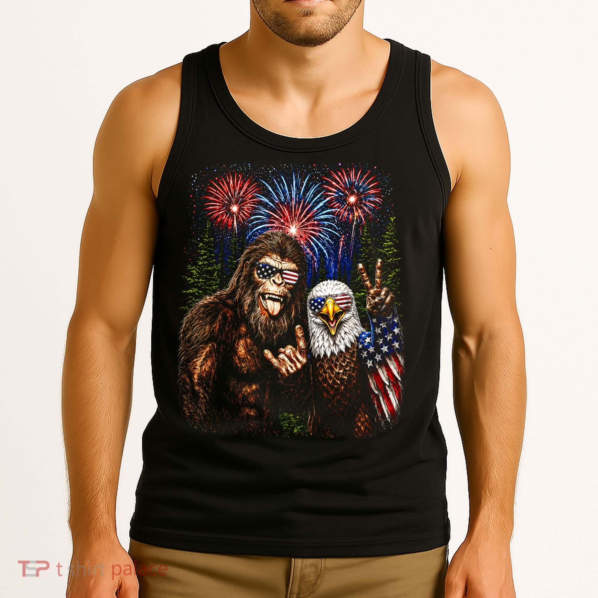 Bigfoot And Bald Eagle Fireworks Celebration Tank Top