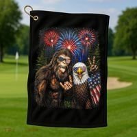 Bigfoot And Bald Eagle Fireworks Celebration Golf Towel thumb 1