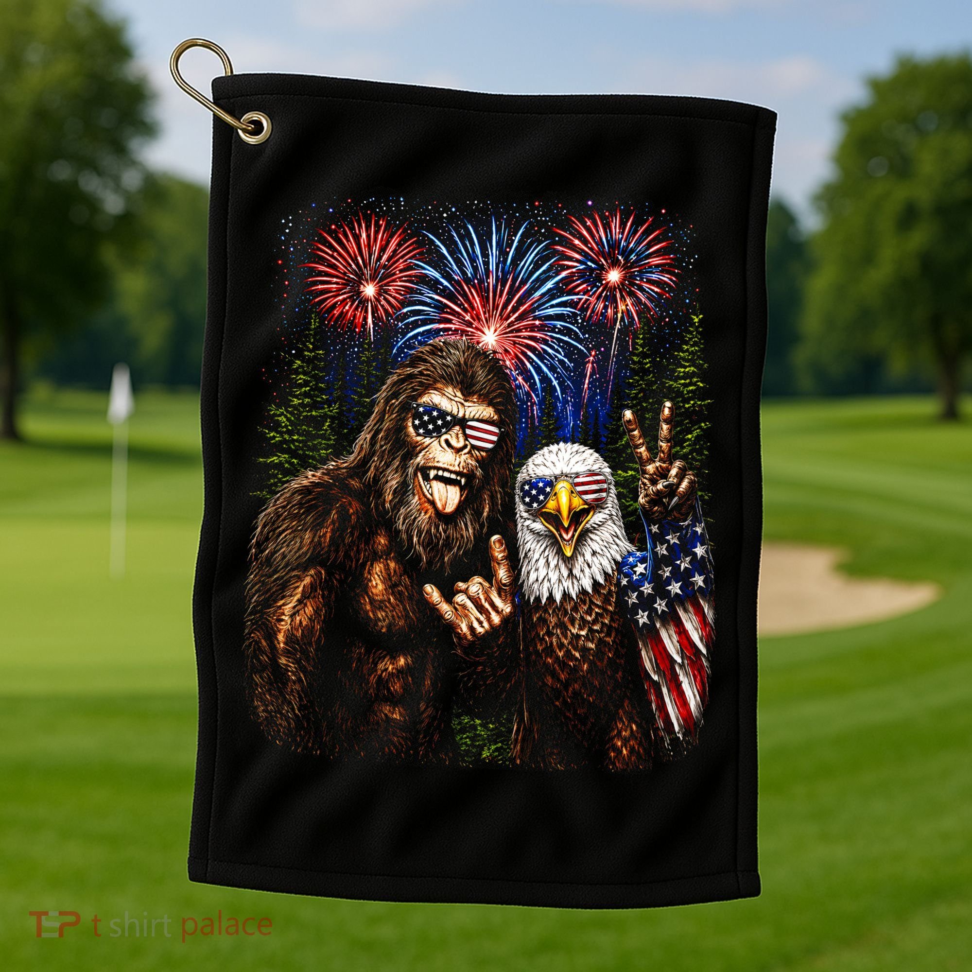 Bigfoot And Bald Eagle Fireworks Celebration Golf Towel