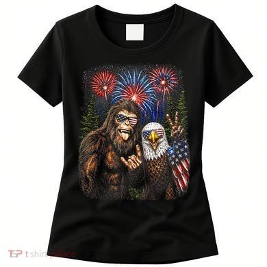 Bigfoot And Bald Eagle Fireworks Celebration Women's T-Shirt