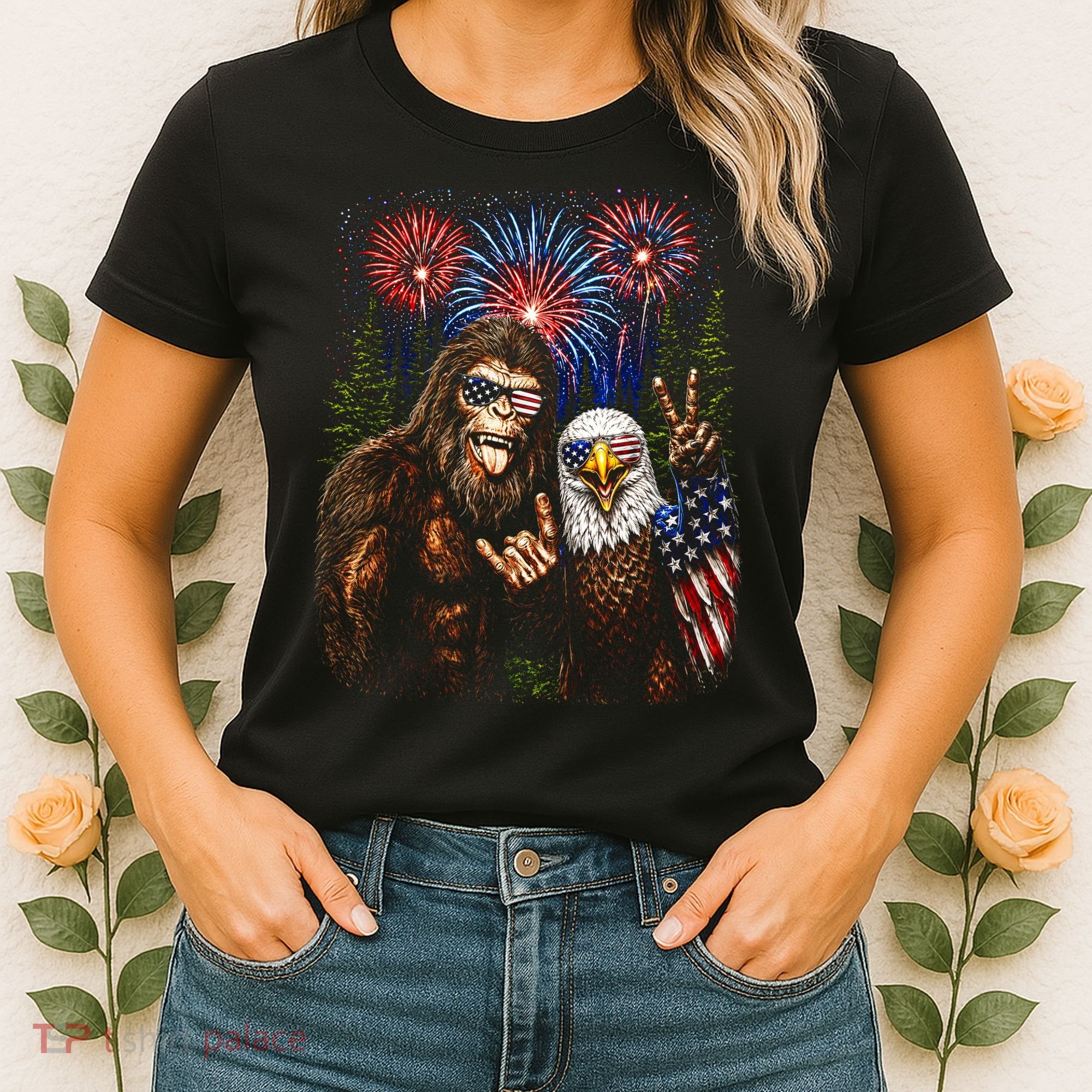 Bigfoot And Bald Eagle Fireworks Celebration Women's T-Shirt
