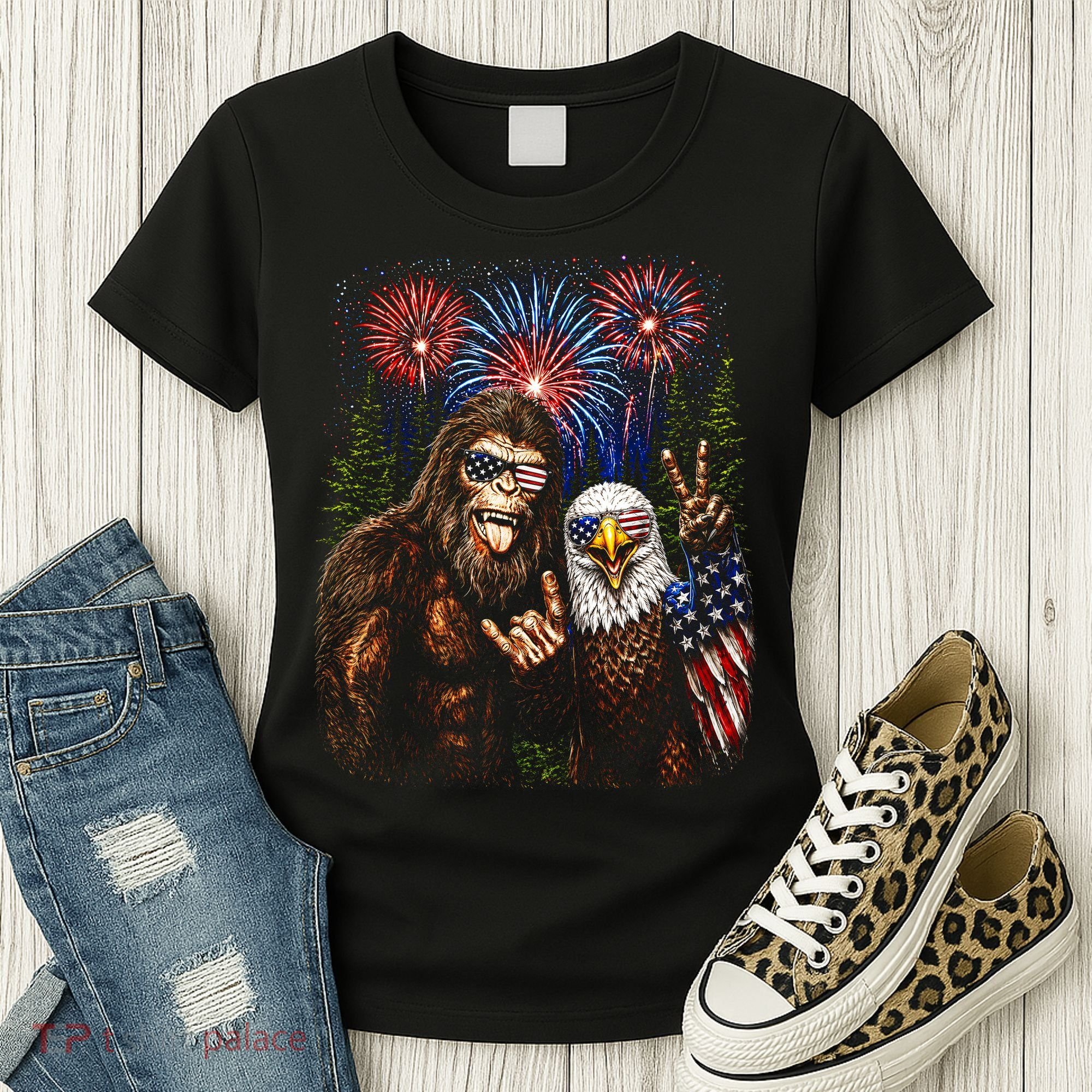 Bigfoot And Bald Eagle Fireworks Celebration Women's T-Shirt