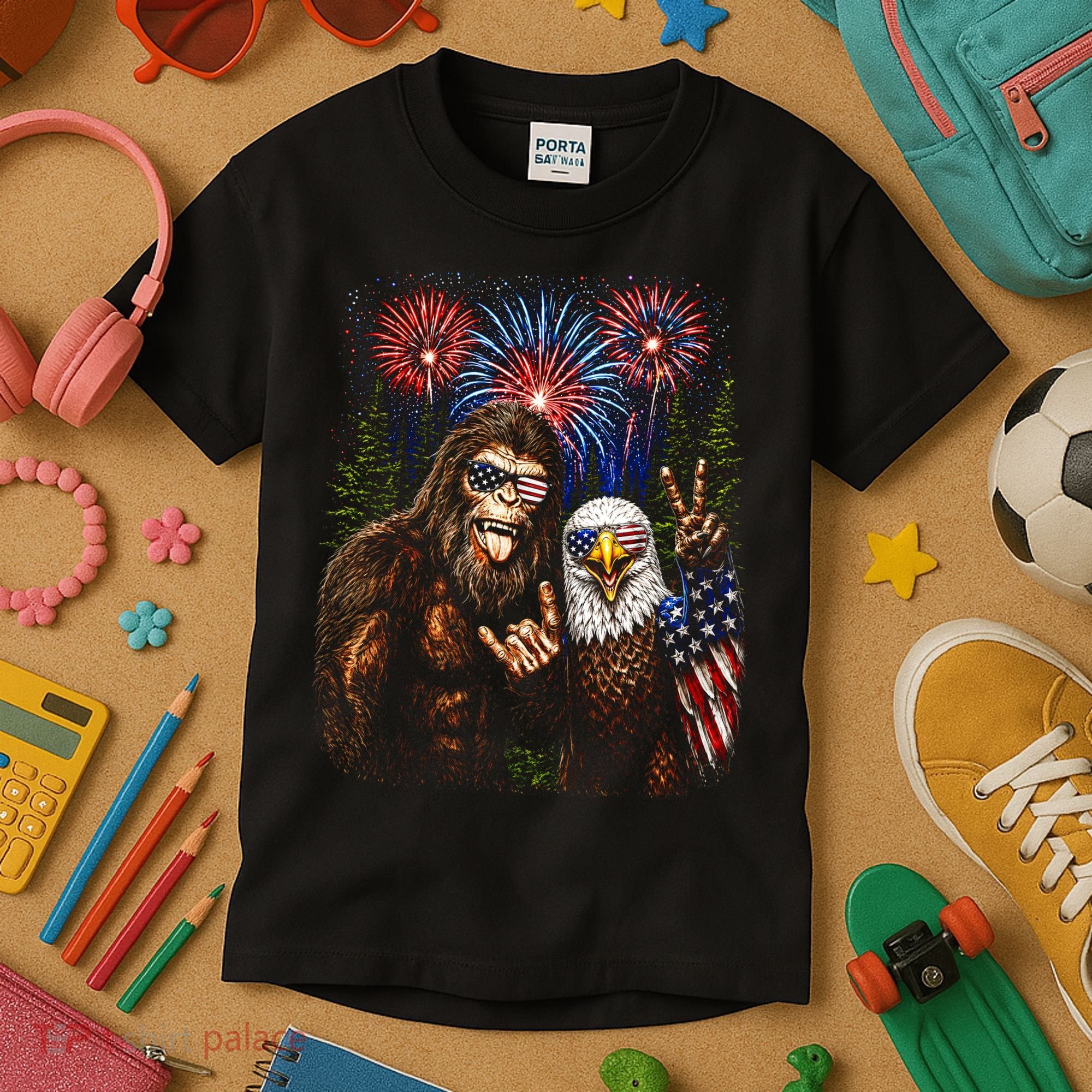 Bigfoot And Bald Eagle Fireworks Celebration Kids T-Shirt