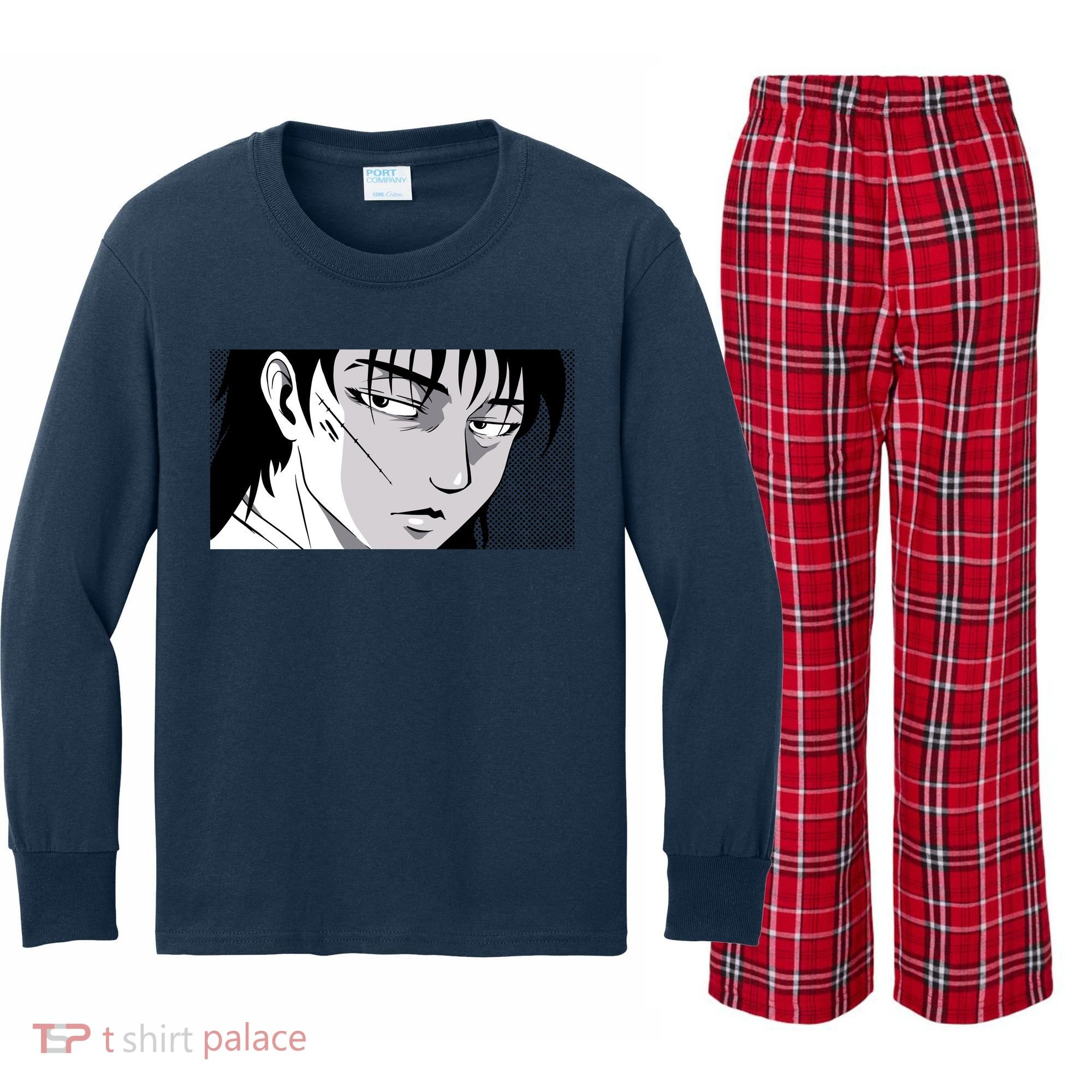 Badass Anime Boy Kids Long Sleeve Plaid Pajama Set