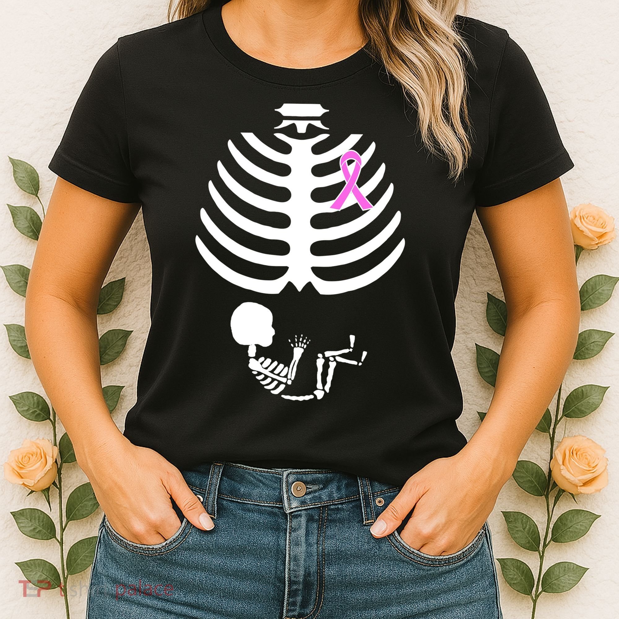 Baby Skeleton Breast Cancer Ribbon Women's T-Shirt