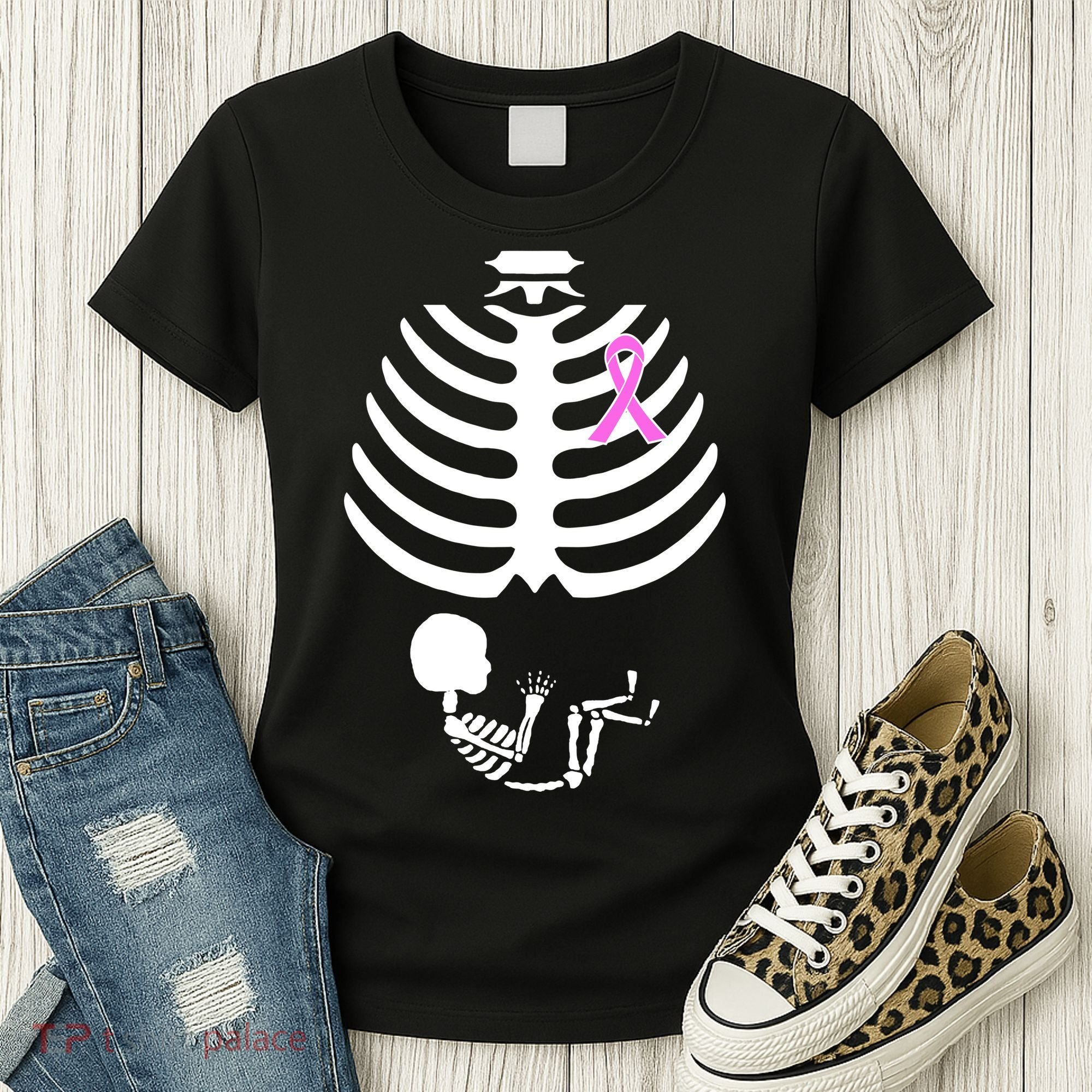 Baby Skeleton Breast Cancer Ribbon Women's T-Shirt