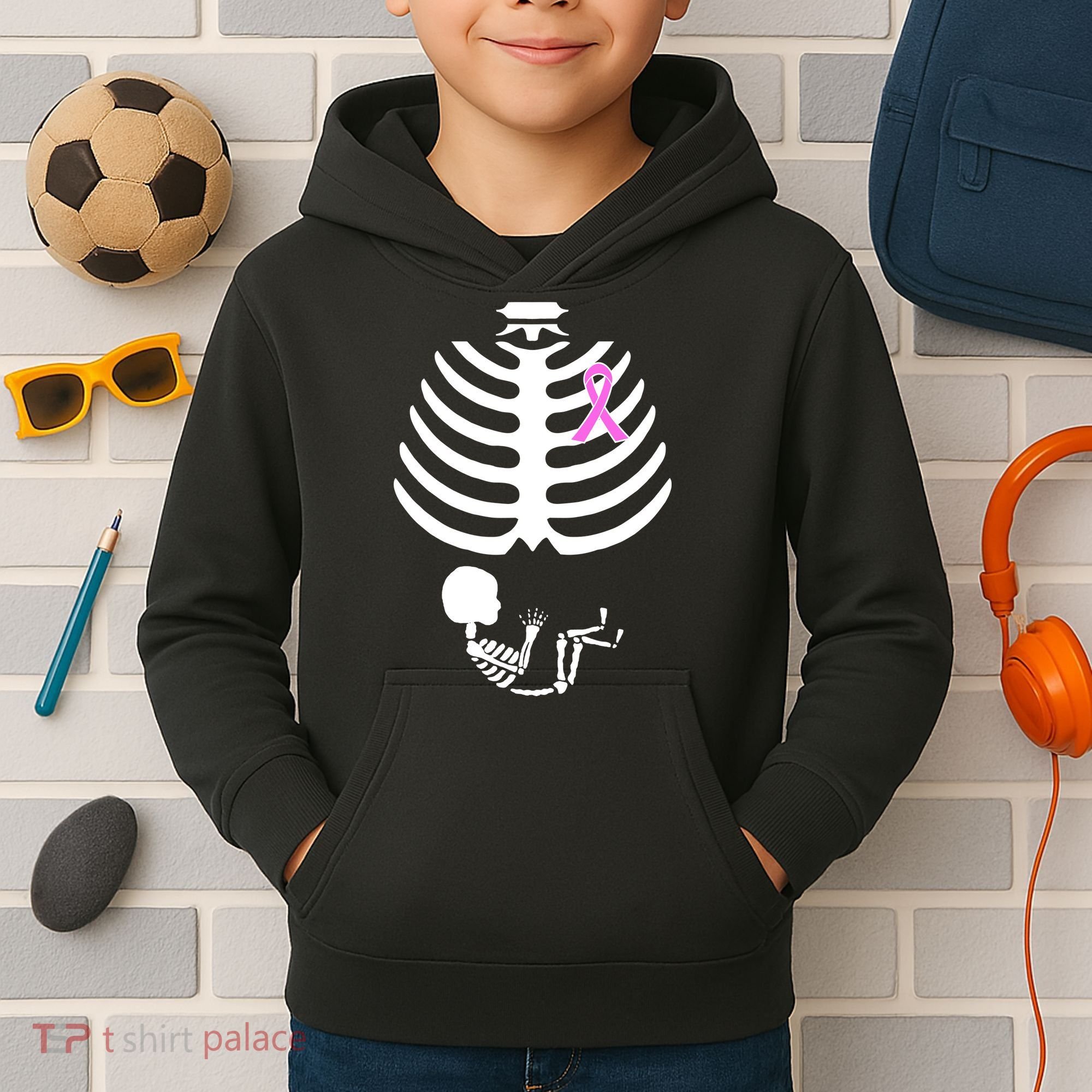 Baby Skeleton Breast Cancer Ribbon Kids Hoodie
