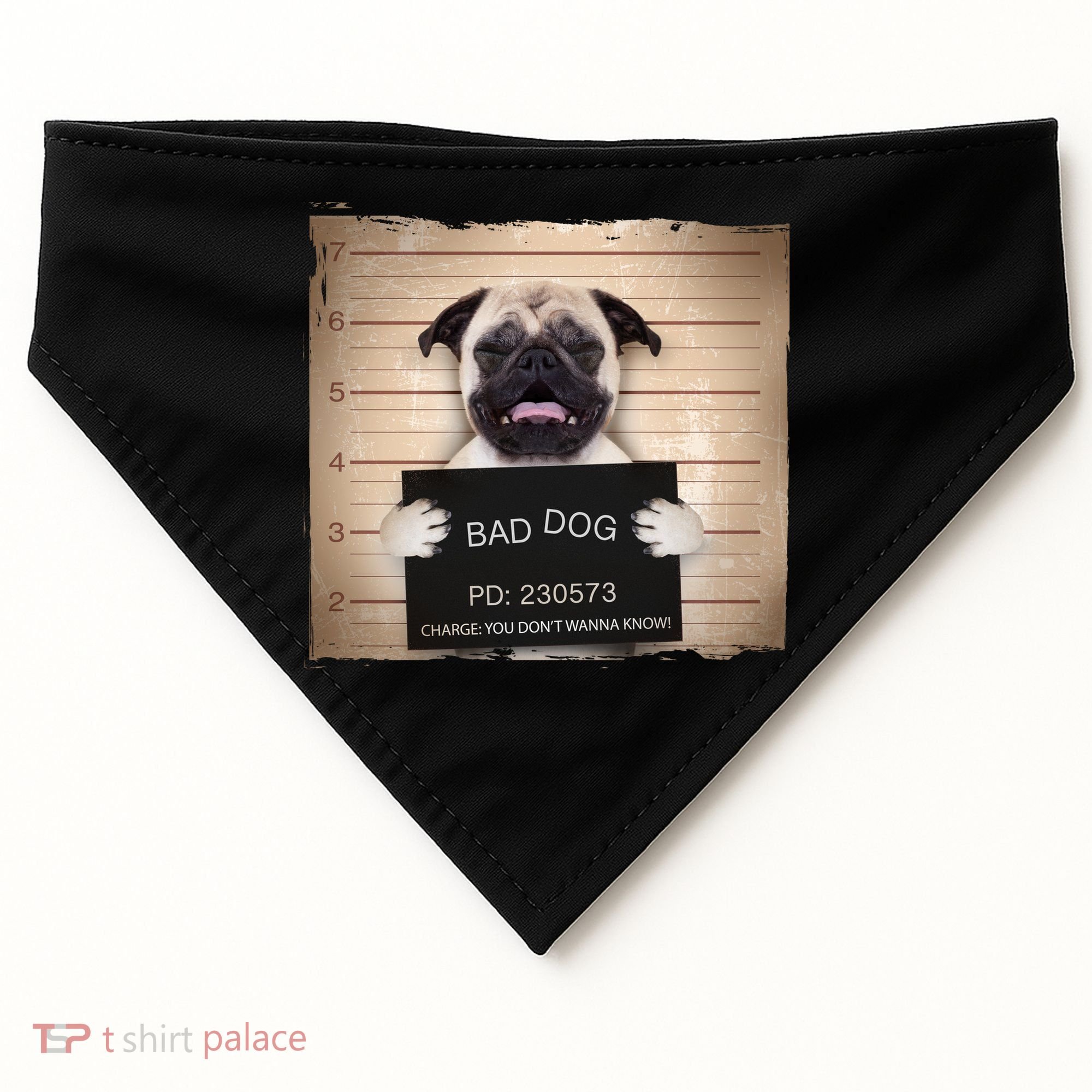 Bad Dog Funny Pug Prison Mug Shot USA-Made Doggie Bandana