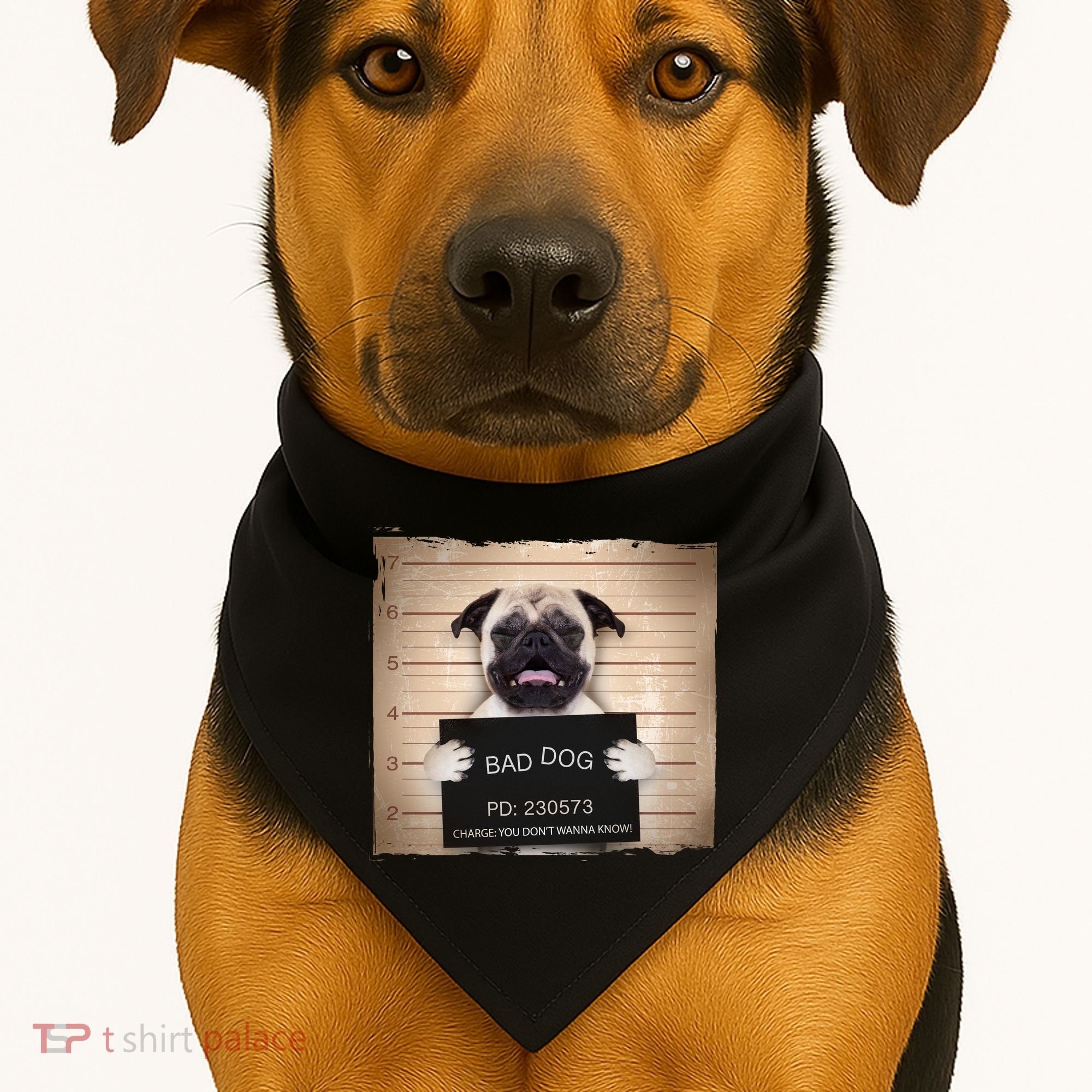 Bad Dog Funny Pug Prison Mug Shot USA-Made Doggie Bandana