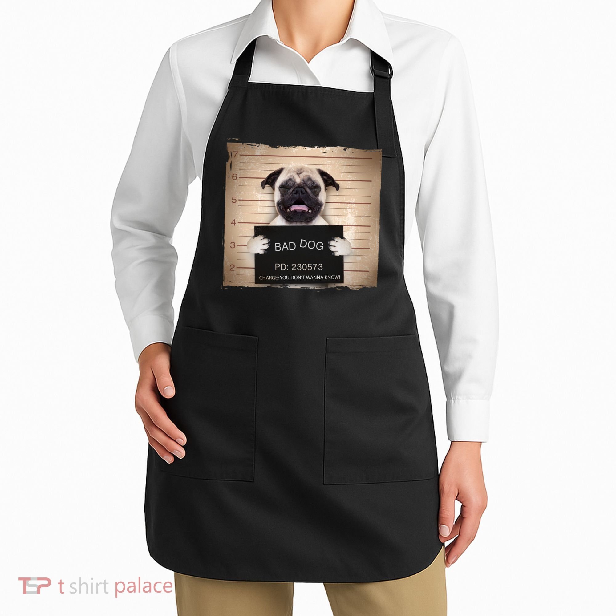 Bad Dog Funny Pug Prison Mug Shot Apron