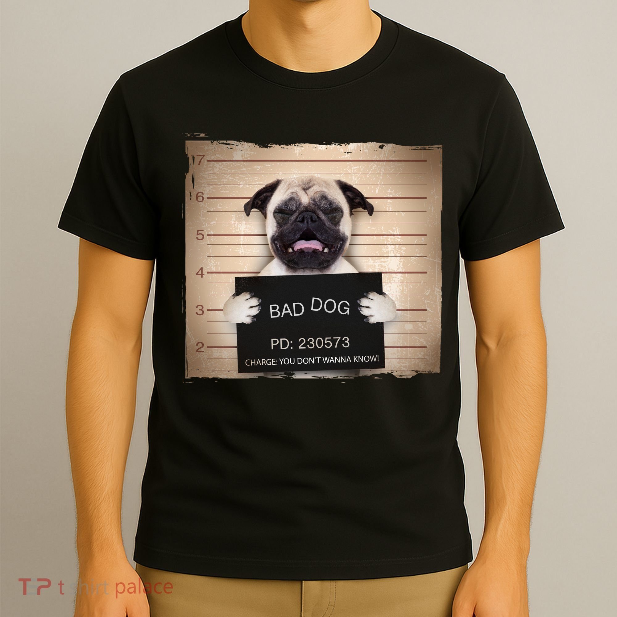 Bad Dog Funny Pug Prison Mug Shot T-Shirt