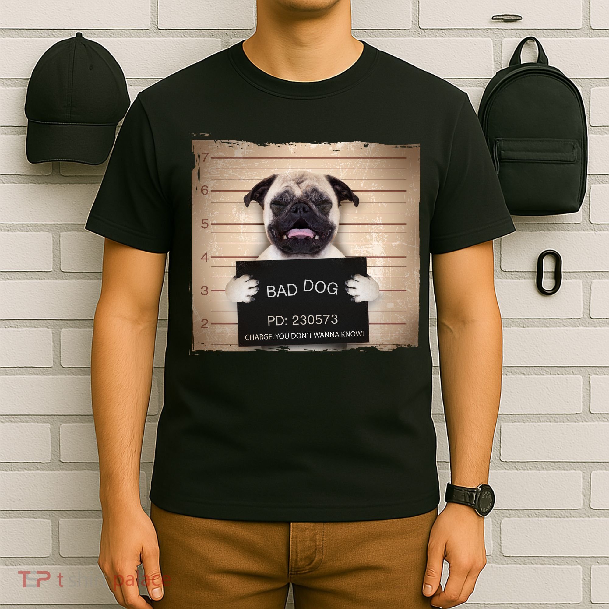 Bad Dog Funny Pug Prison Mug Shot T-Shirt