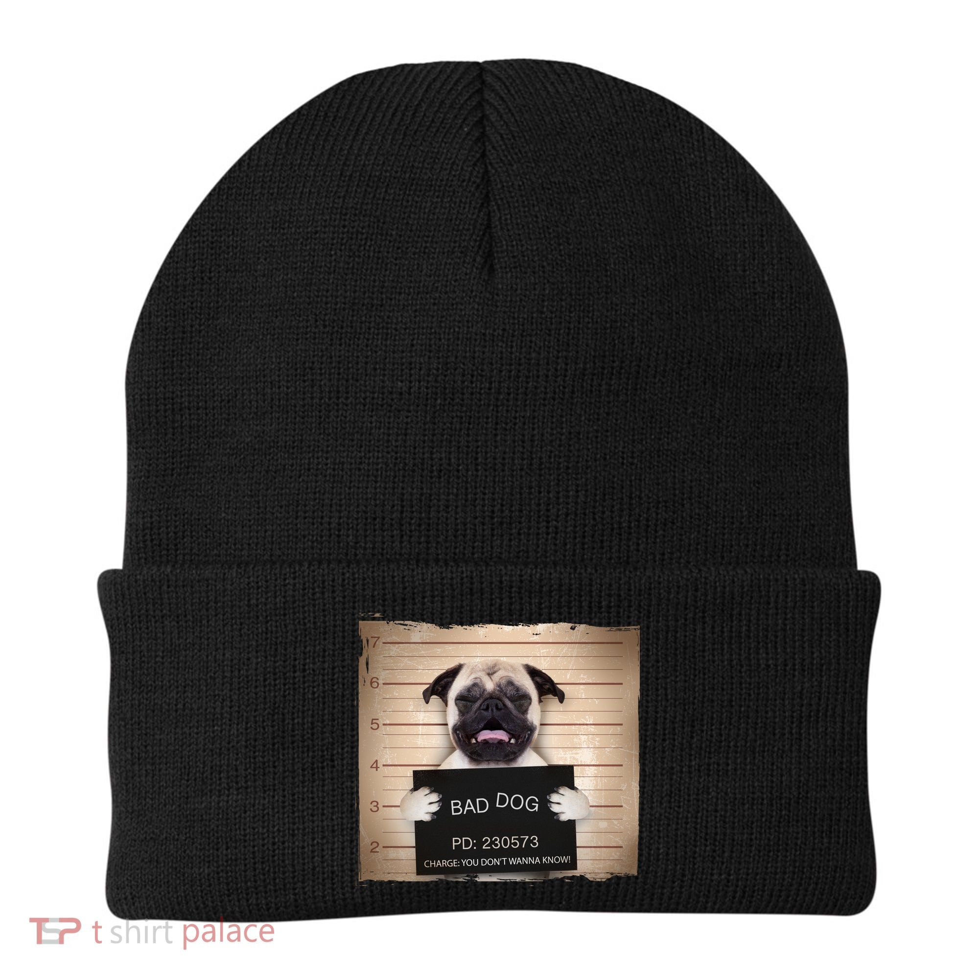 Bad Dog Funny Pug Prison Mug Shot Beanie
