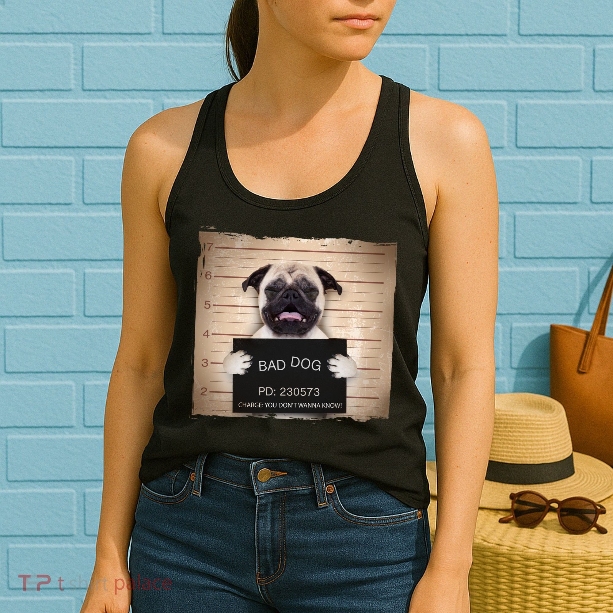 Bad Dog Funny Pug Prison Mug Shot Women's Tank Top