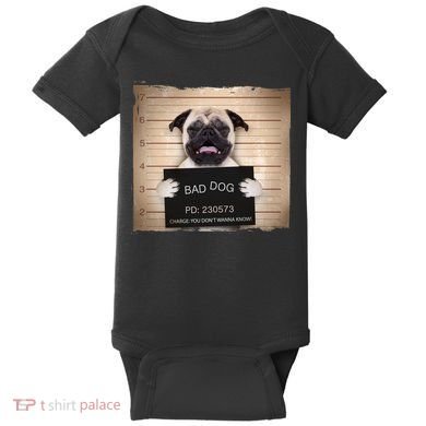 Bad Dog Funny Pug Prison Mug Shot Baby Bodysuit