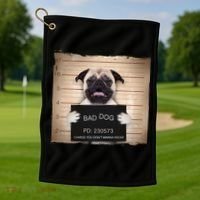 Bad Dog Funny Pug Prison Mug Shot Golf Towel thumb 1