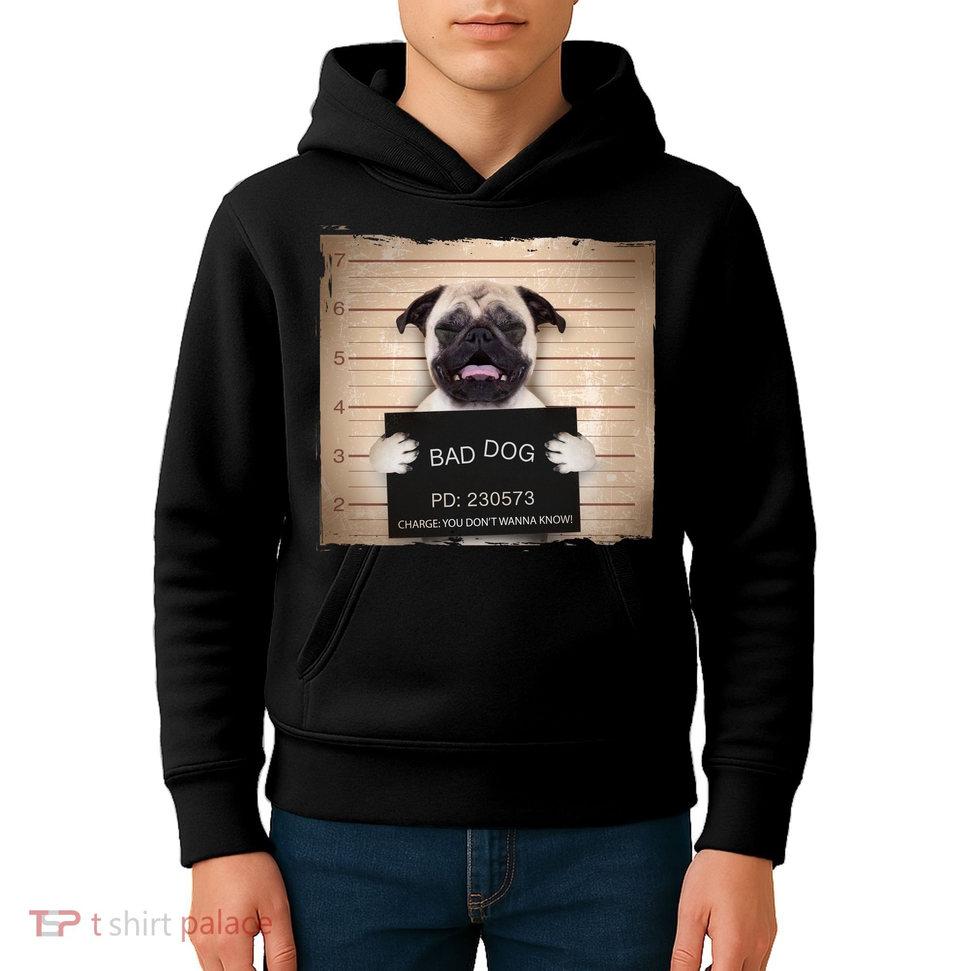 Bad Dog Funny Pug Prison Mug Shot Kids Hoodie