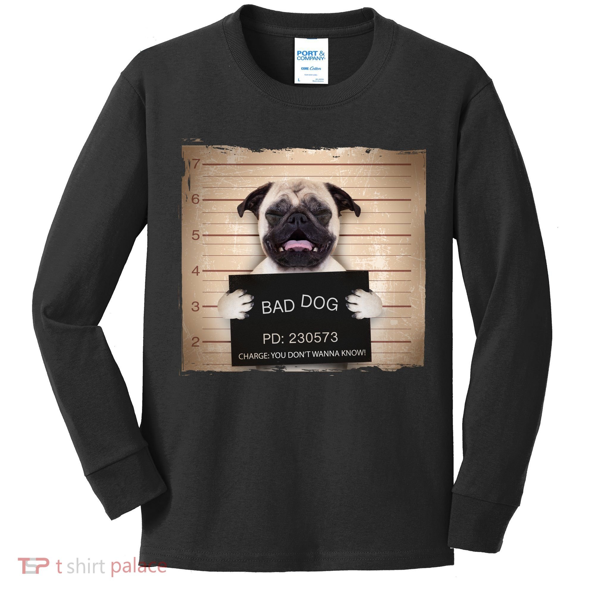 Bad Dog Funny Pug Prison Mug Shot Kids Long Sleeve Shirt