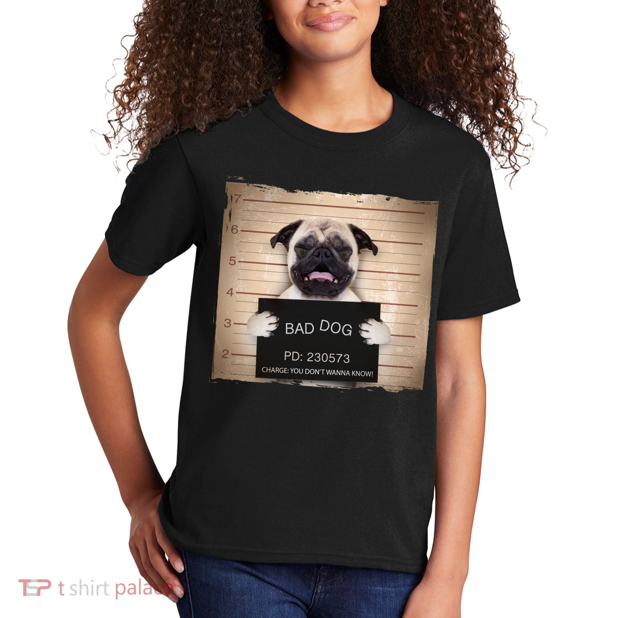 Bad Dog Funny Pug Prison Mug Shot Kids T-Shirt