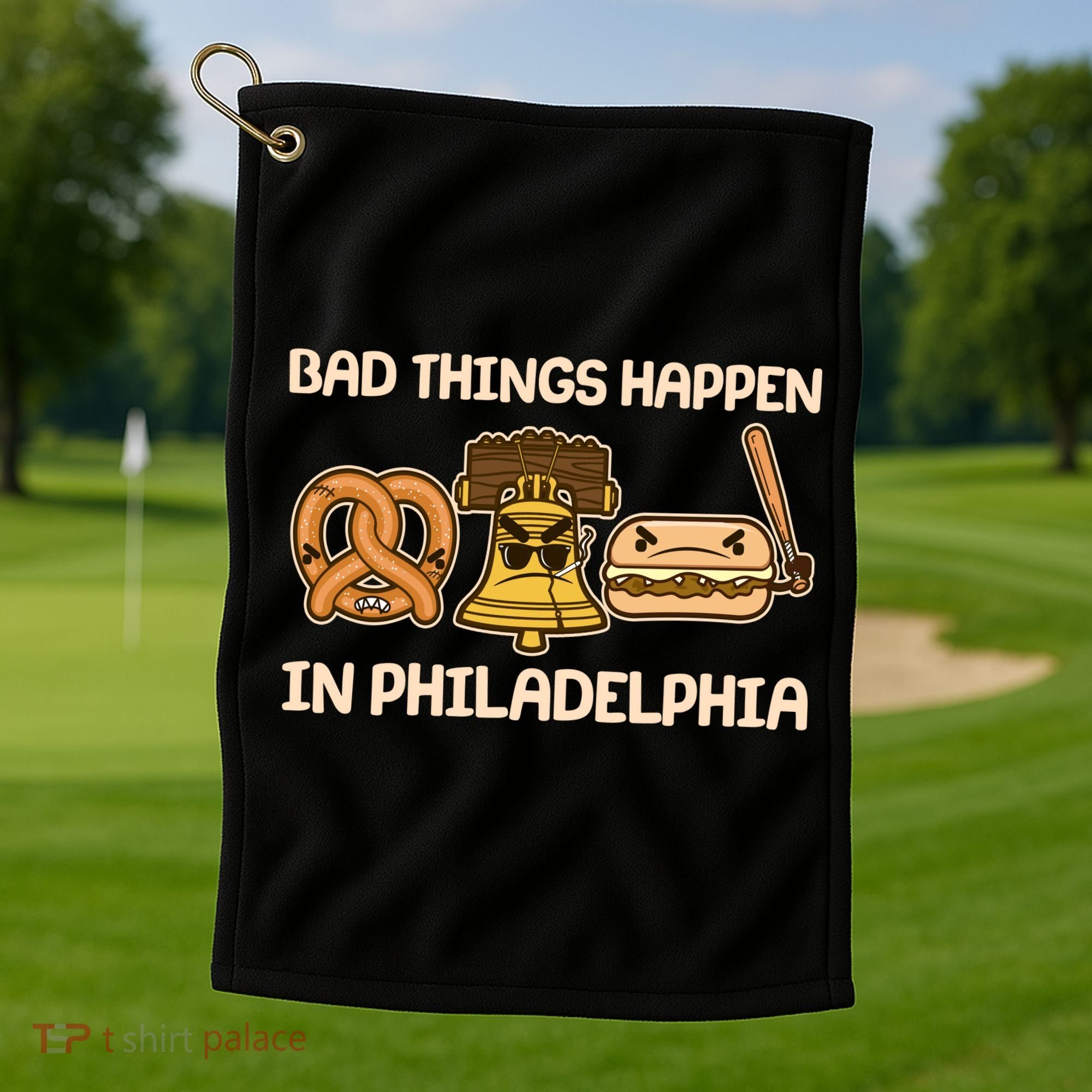 Bad Things Happen in Philadelphia Pretzel Liberty Bell Cheesesteak Golf Towel