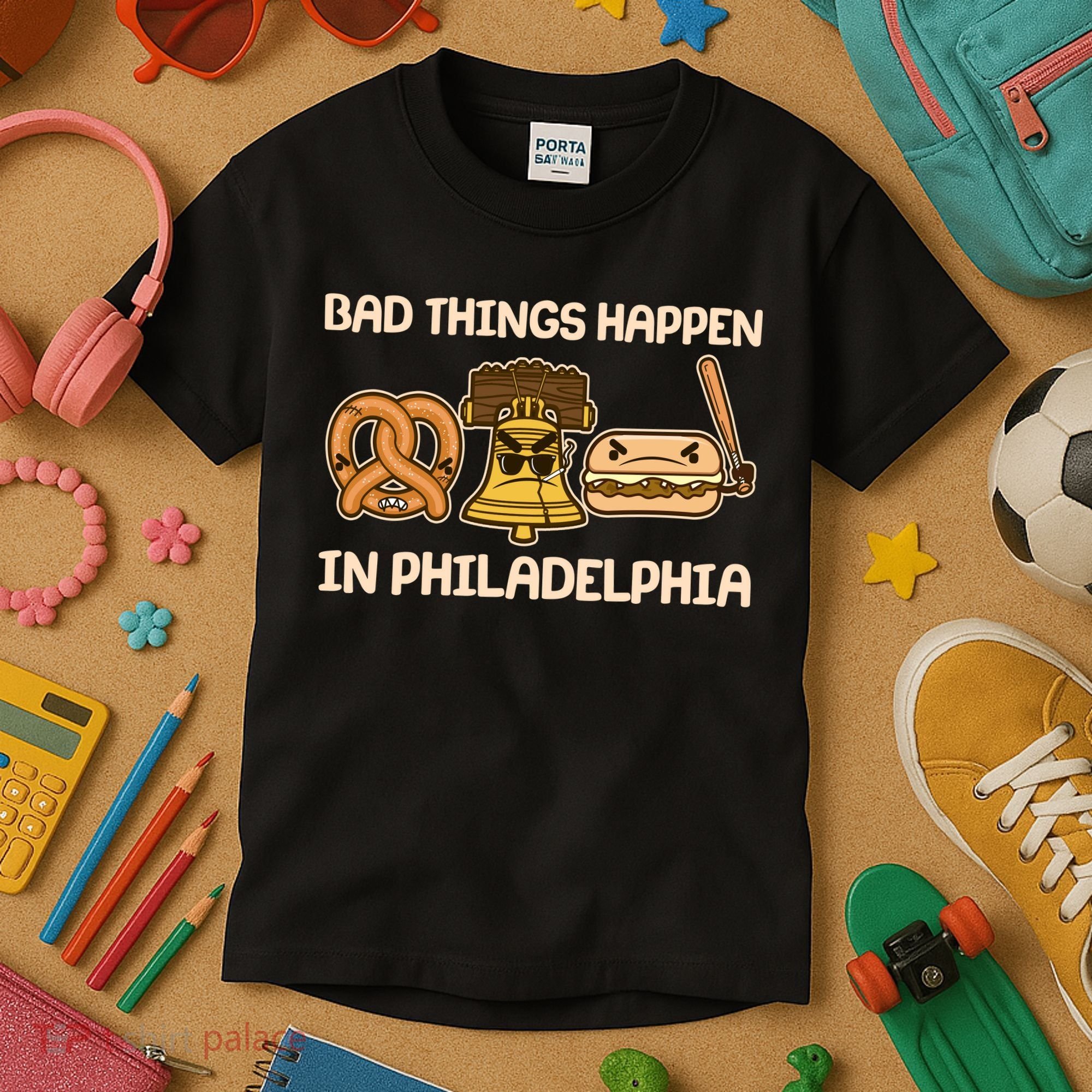 Bad Things Happen in Philadelphia Pretzel Liberty Bell Cheesesteak Kids T-Shirt