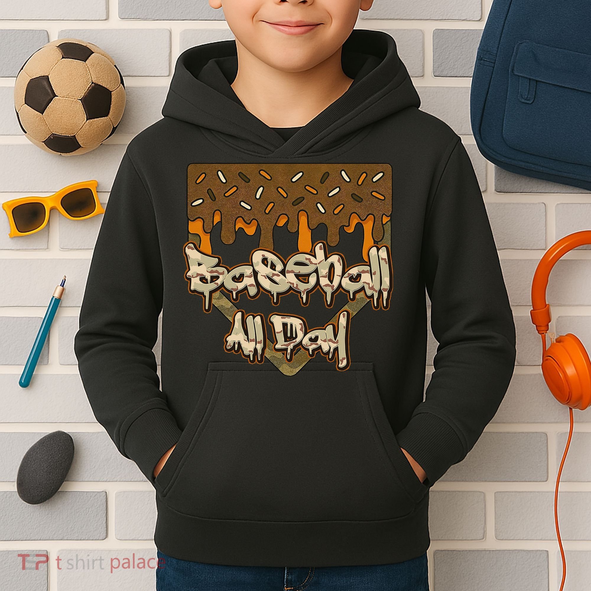 Baseball All Day Drip Camo Home Plate Ice Cream Kids Hoodie
