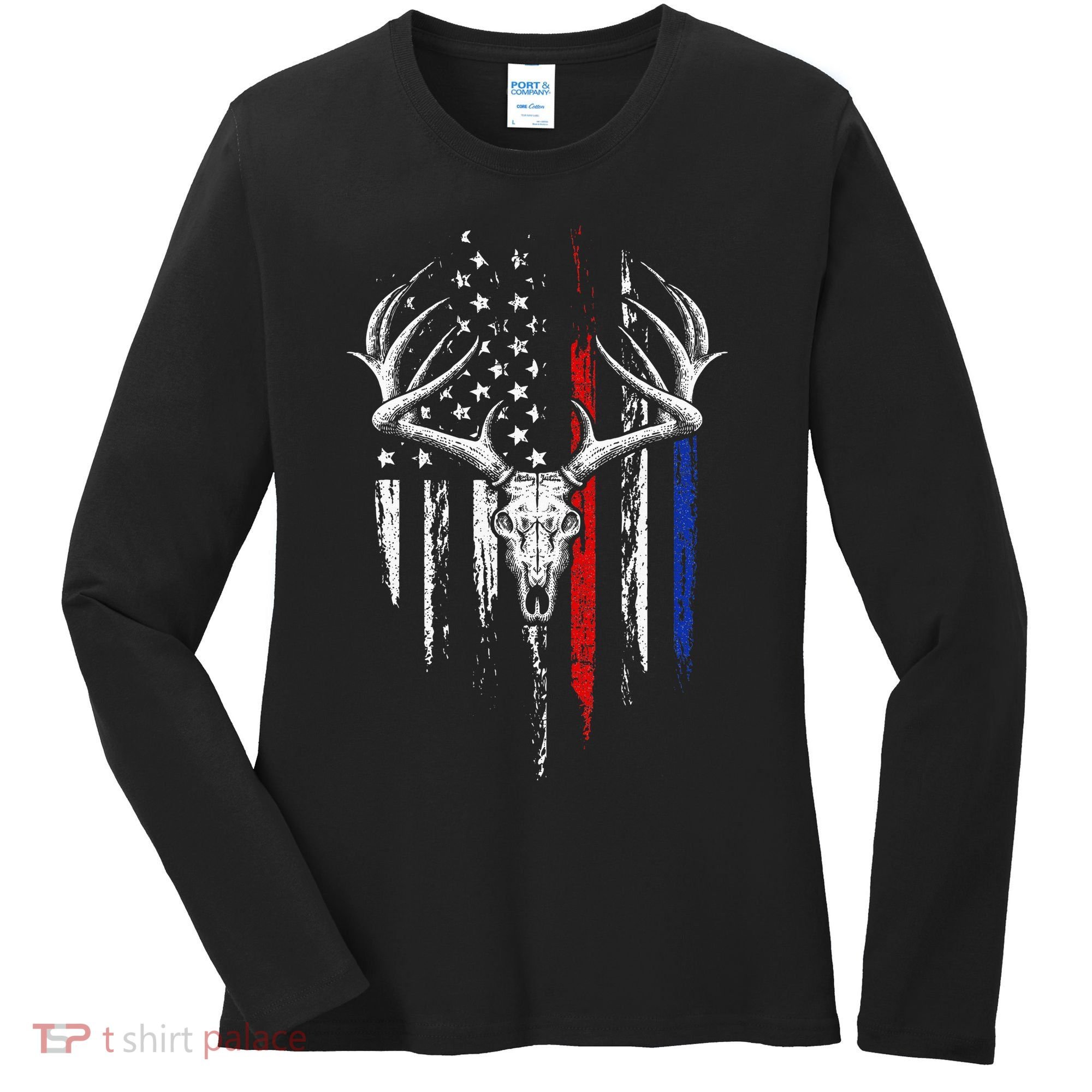 Bowhunting American Flag USA Bow Whitetail Deer Hunter Gift Women's Long Sleeve Shirt