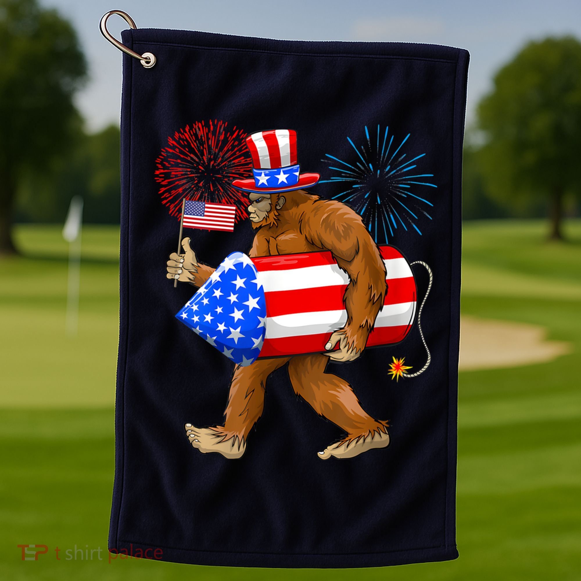 Bigfoot American Flag Funny 4th Of July Sasquatch Believe Golf Towel