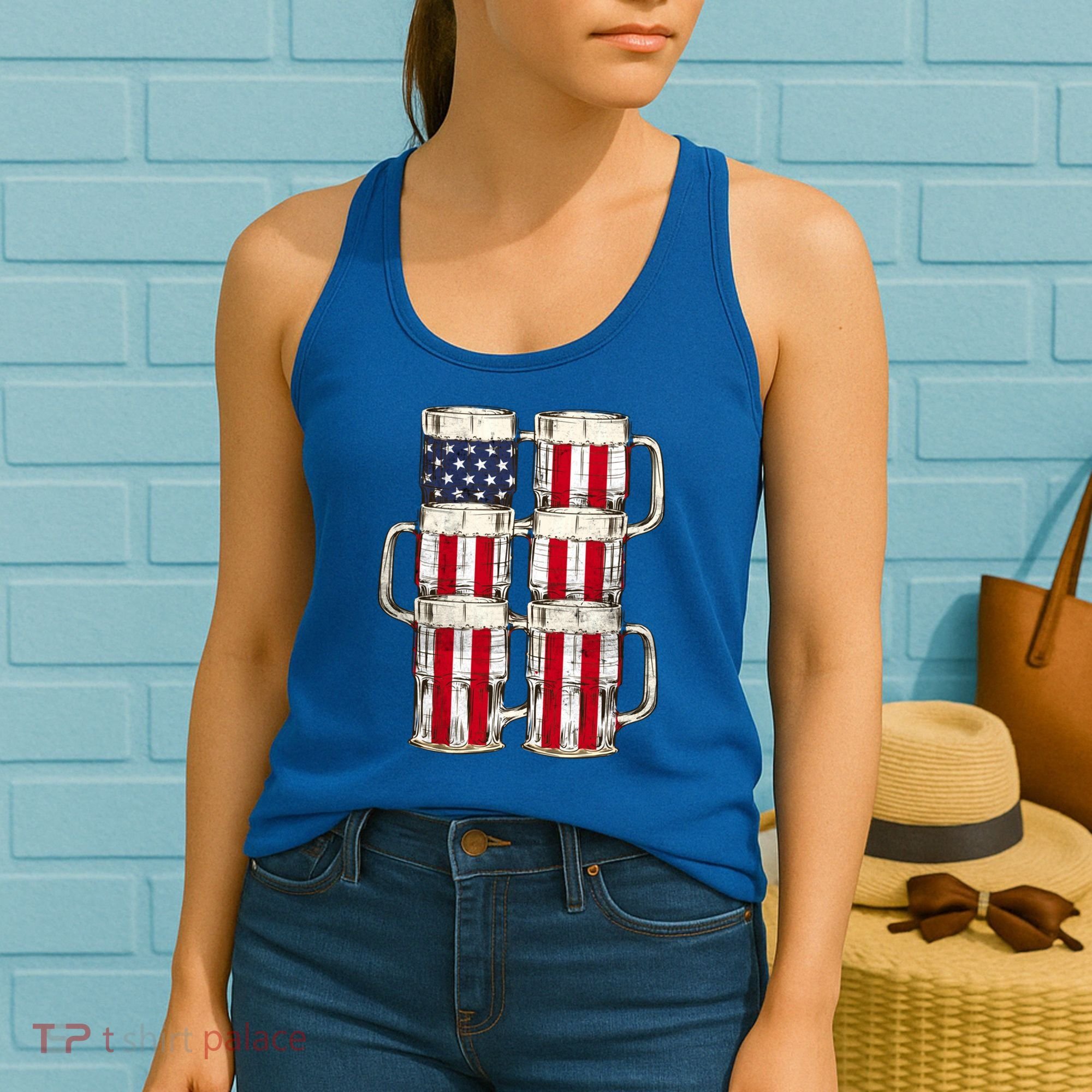 Beer American Flag Patriotic American Outfit 4th Of July Funny Gift Women's Tank Top