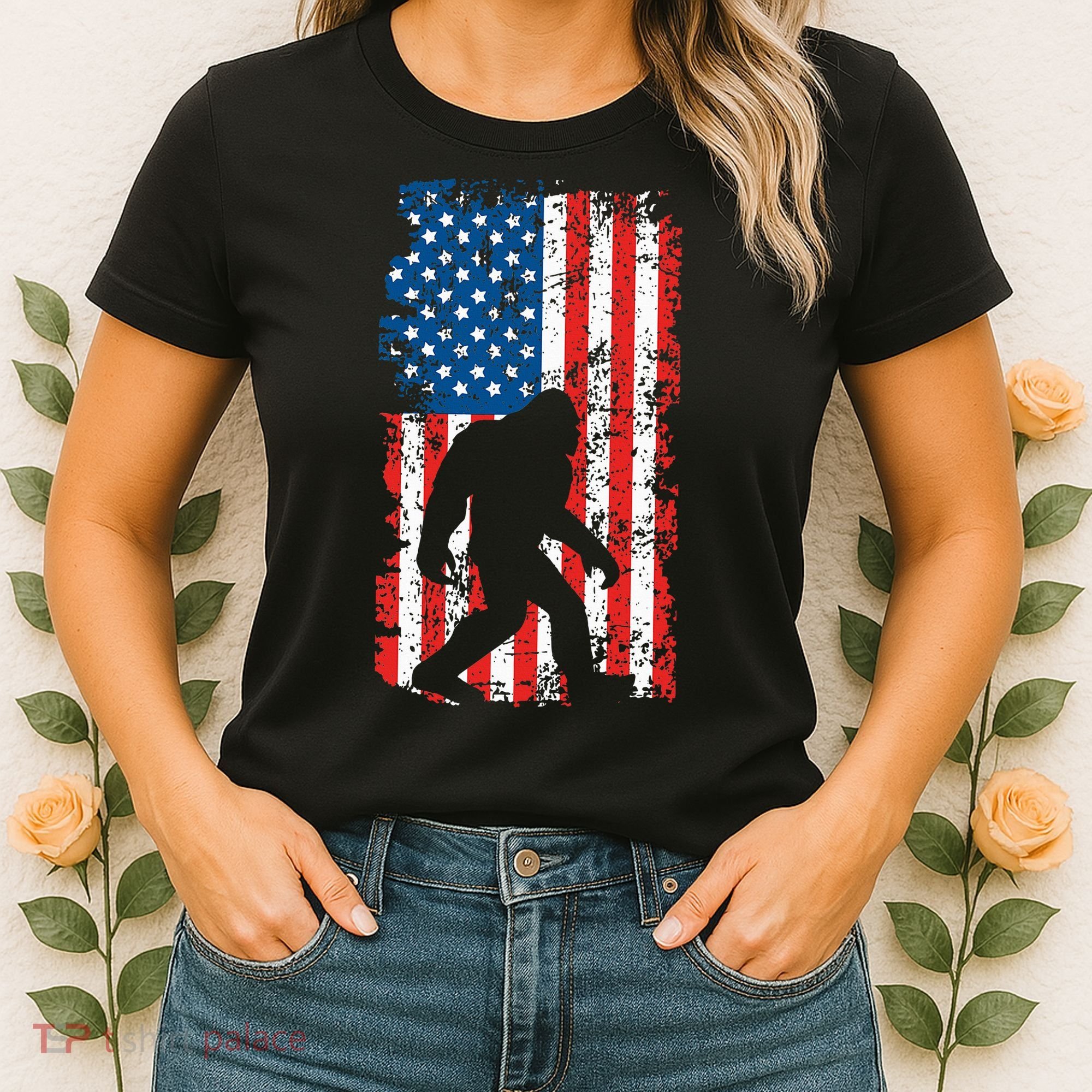 Bigfoot American Flag Sasquatch Women's T-Shirt