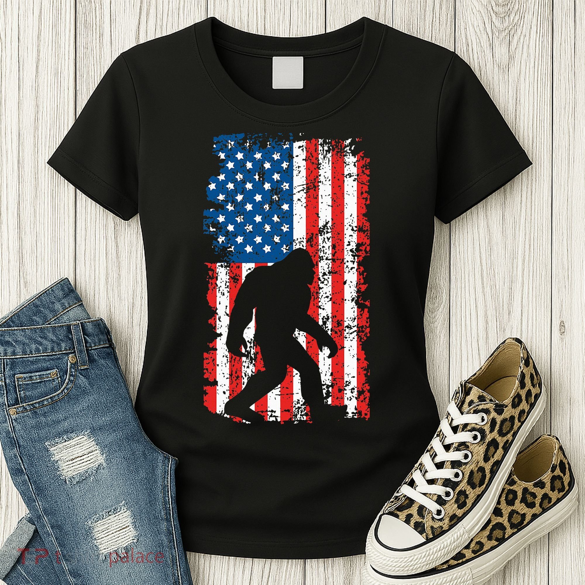Bigfoot American Flag Sasquatch Women's T-Shirt