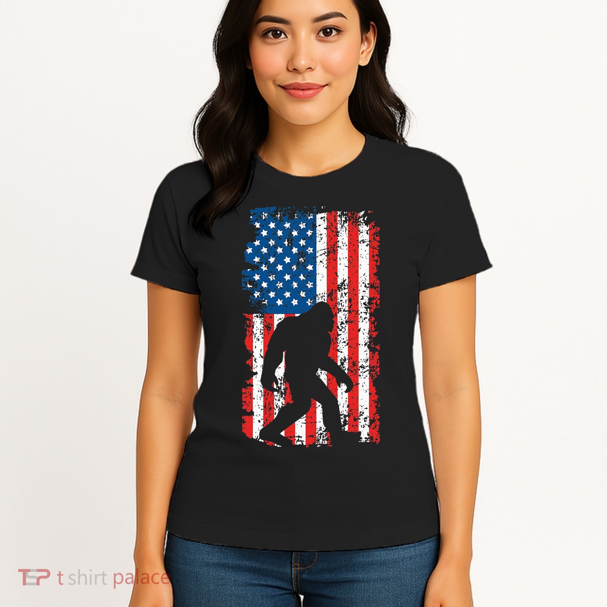 Bigfoot American Flag Sasquatch Women's T-Shirt