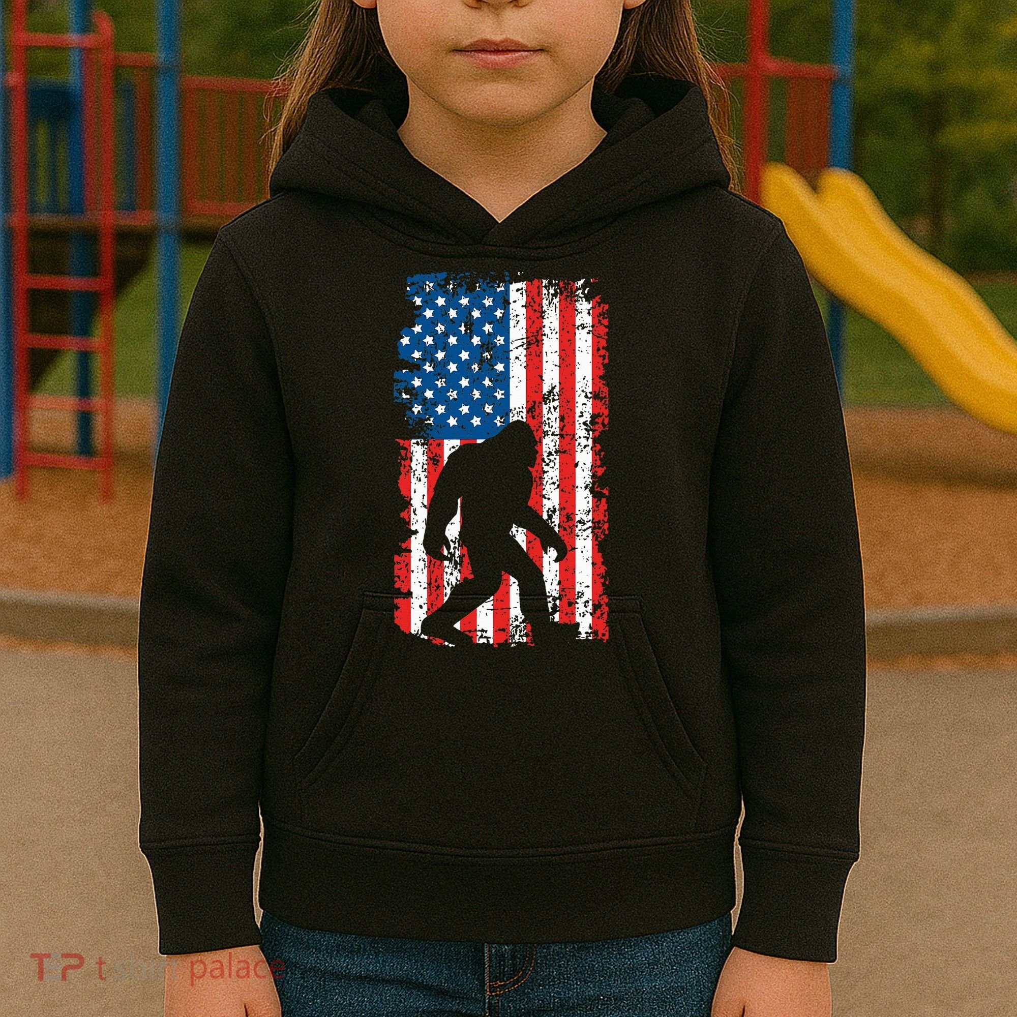 Bigfoot American Flag Sasquatch Kids Hoodie